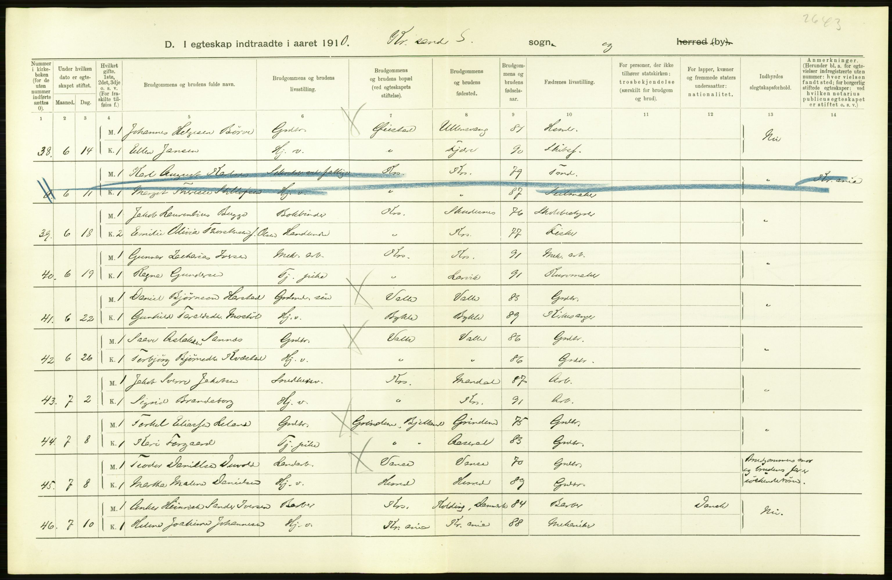 Statistisk sentralbyrå, Sosiodemografiske emner, Befolkning, AV/RA-S-2228/D/Df/Dfa/Dfah/L0021: Lister og Mandals amt: Levendefødte menn og kvinner, gifte, døde, dødfødte. Bygder og byer., 1910, p. 918