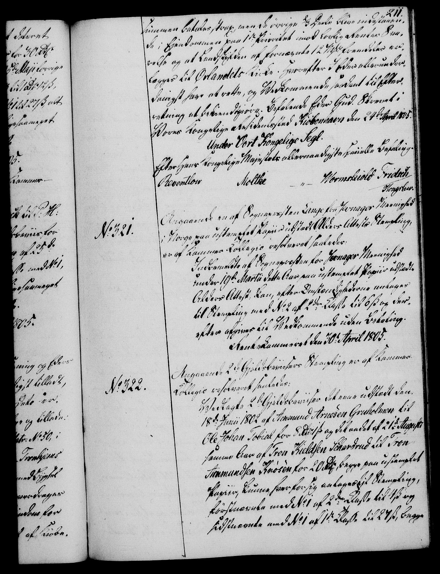 Rentekammeret, Kammerkanselliet, RA/EA-3111/G/Gg/Gga/L0018: Norsk ekspedisjonsprotokoll med register (merket RK 53.18), 1804-1806, p. 211