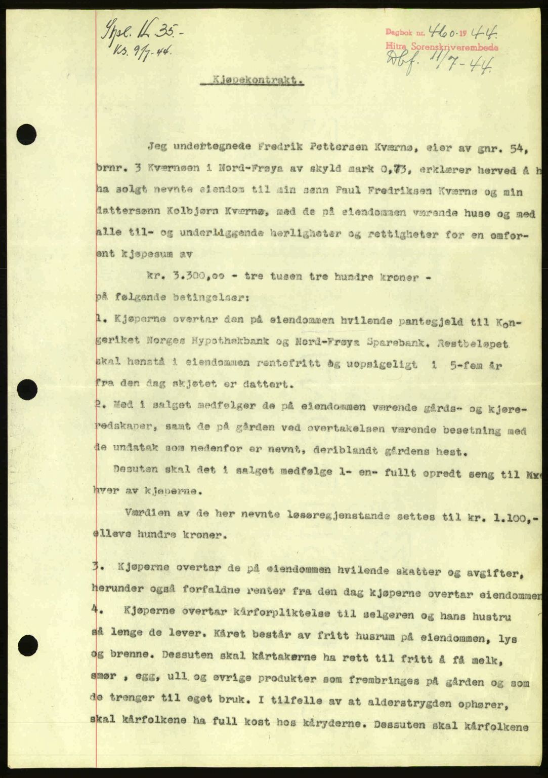 Hitra sorenskriveri, AV/SAT-A-0018/2/2C/2Ca: Mortgage book no. A2, 1943-1945, Diary no: : 460/1944