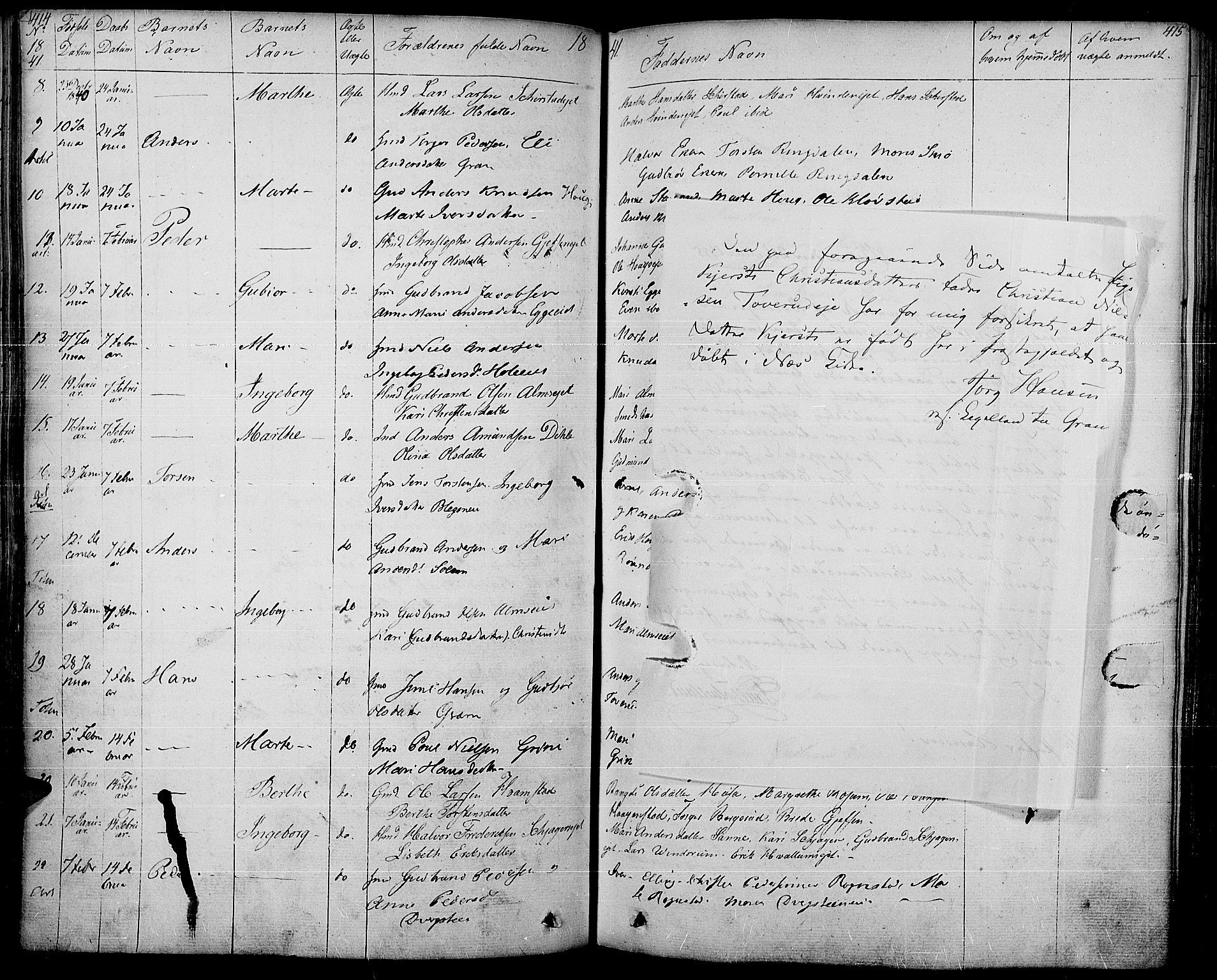 Gran prestekontor, SAH/PREST-112/H/Ha/Haa/L0010: Parish register (official) no. 10, 1824-1842, p. 414-415