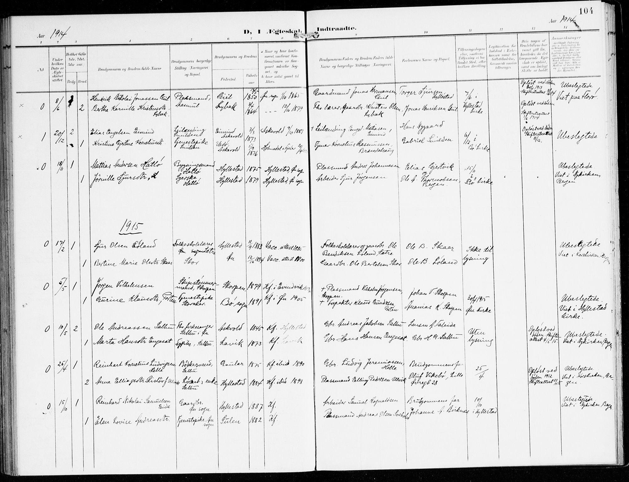 Hyllestad sokneprestembete, SAB/A-80401: Parish register (official) no. D 2, 1905-1919, p. 104