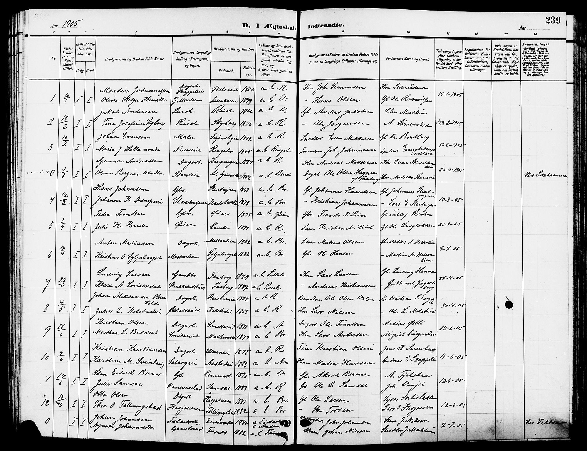 Ringsaker prestekontor, SAH/PREST-014/L/La/L0015: Parish register (copy) no. 15, 1903-1912, p. 239