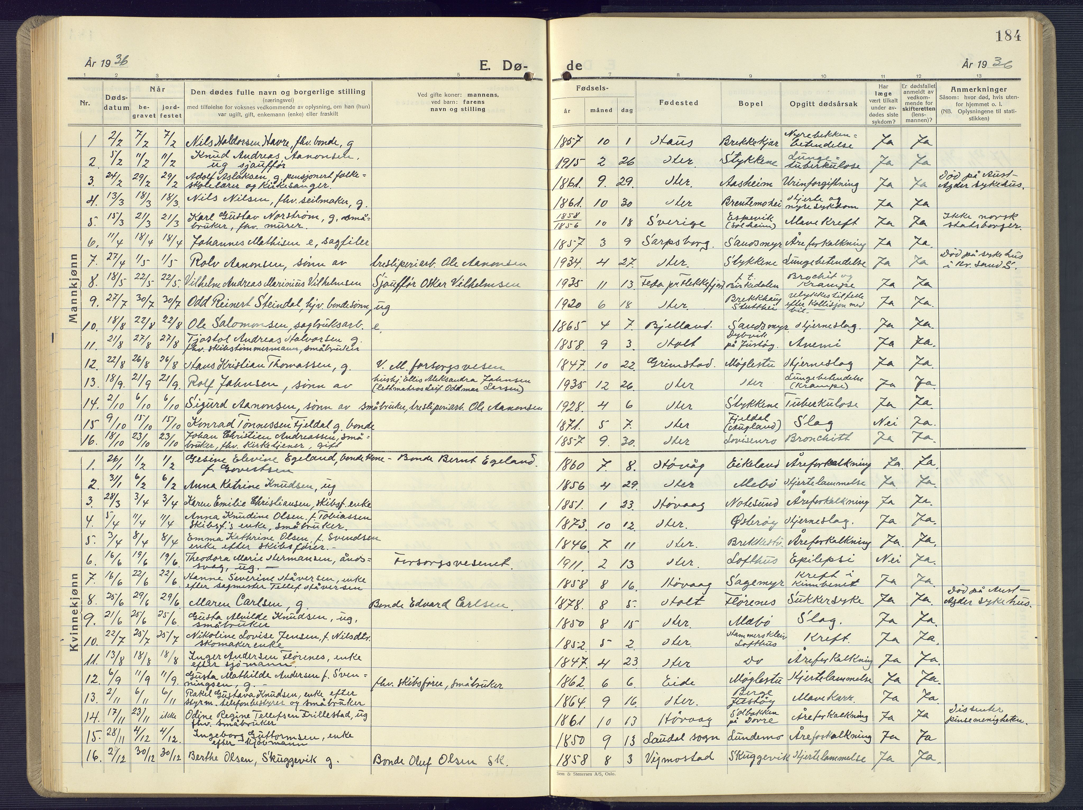 Vestre Moland sokneprestkontor, AV/SAK-1111-0046/F/Fb/Fbb/L0008: Parish register (copy) no. B 8, 1930-1966, p. 184