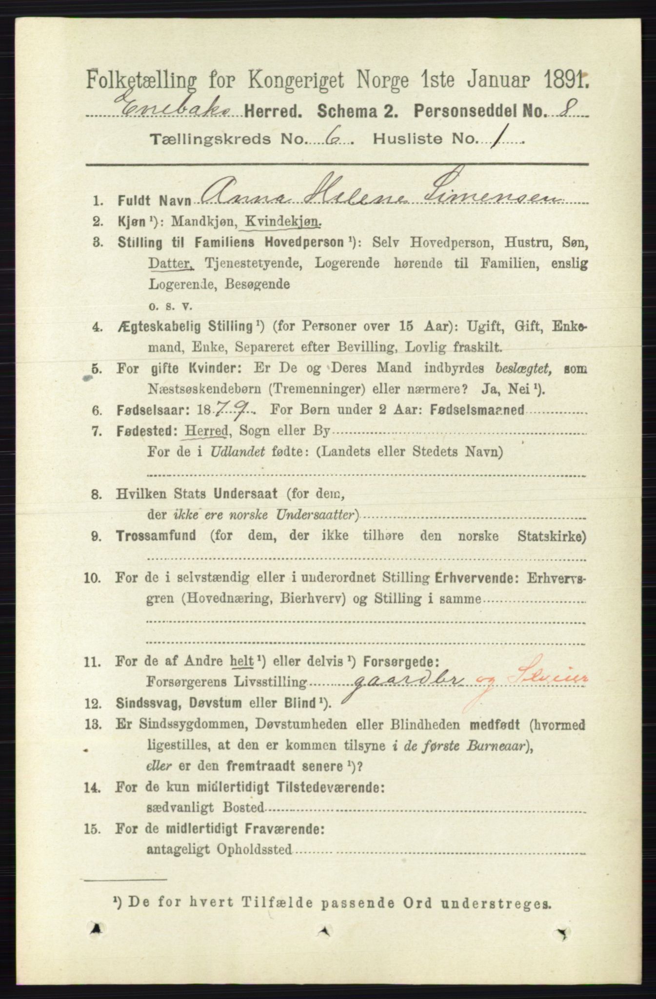 RA, 1891 census for 0229 Enebakk, 1891, p. 2905