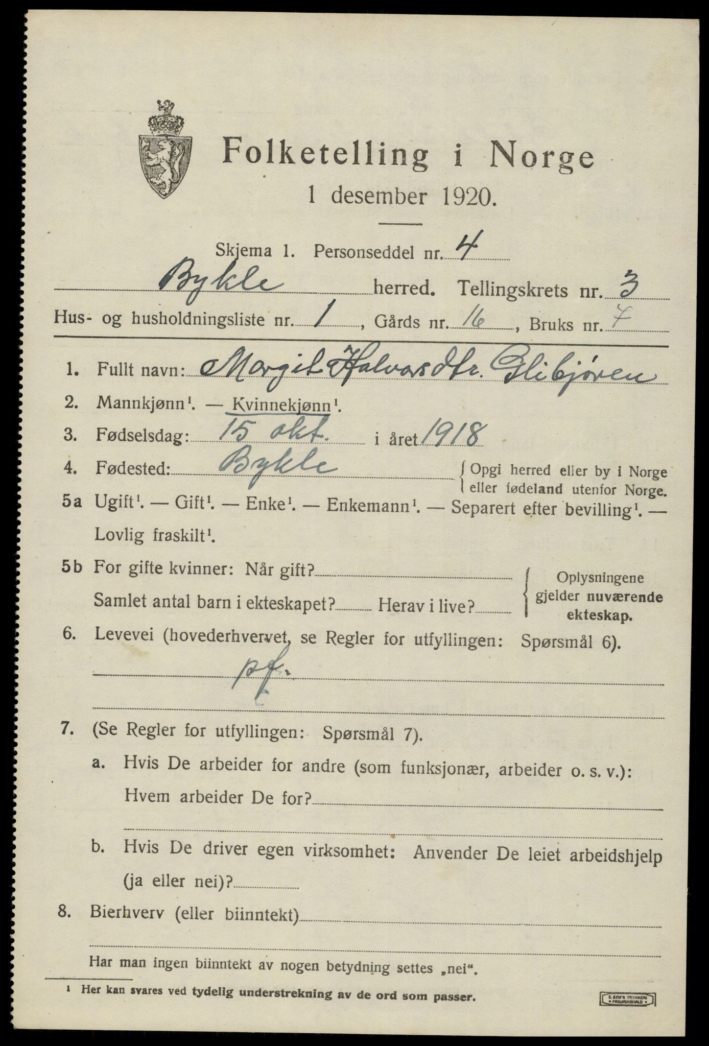 SAK, 1920 census for Bykle, 1920, p. 1029