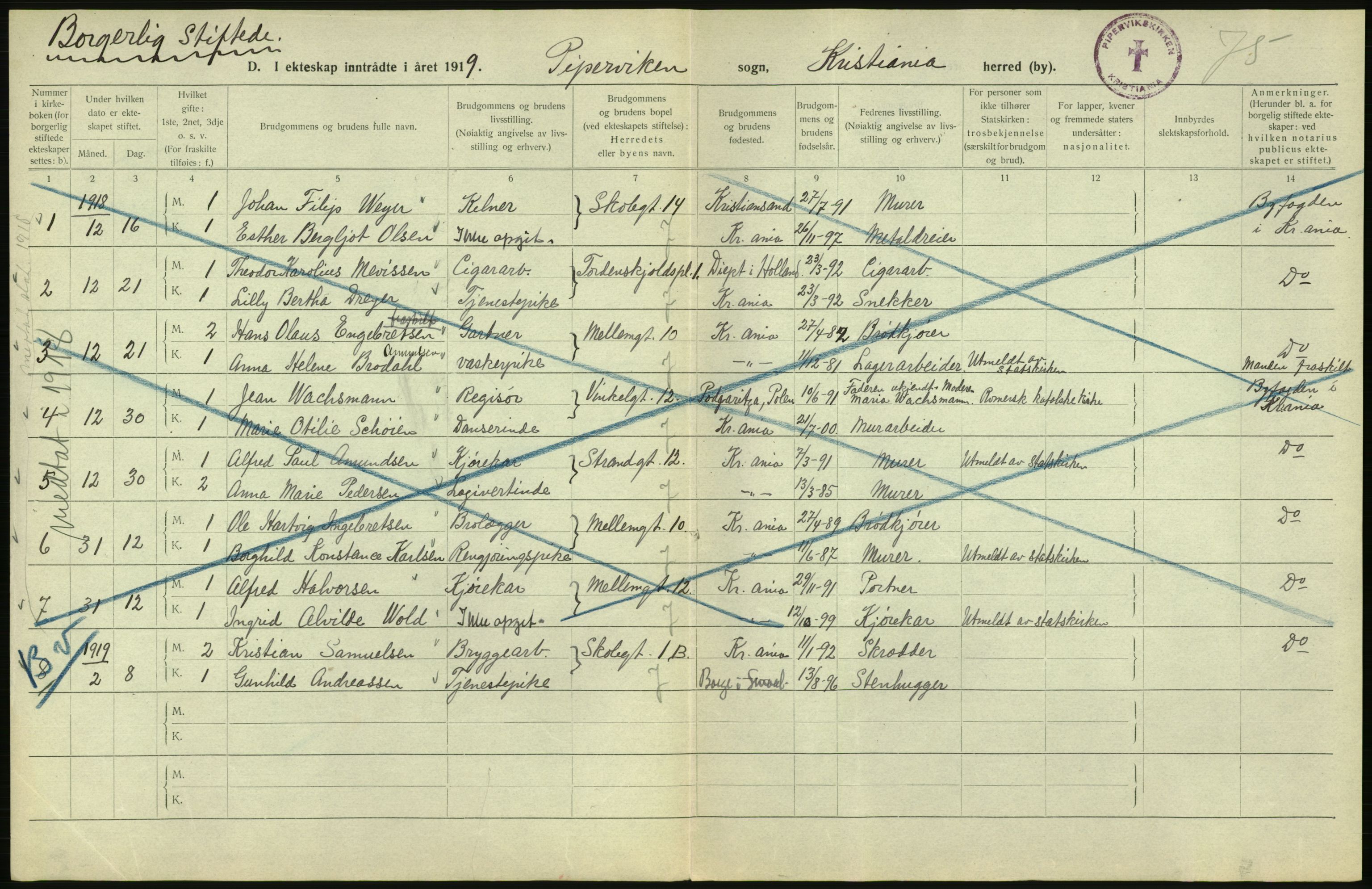 Statistisk sentralbyrå, Sosiodemografiske emner, Befolkning, AV/RA-S-2228/D/Df/Dfb/Dfbi/L0009: Kristiania: Gifte, 1919, p. 790