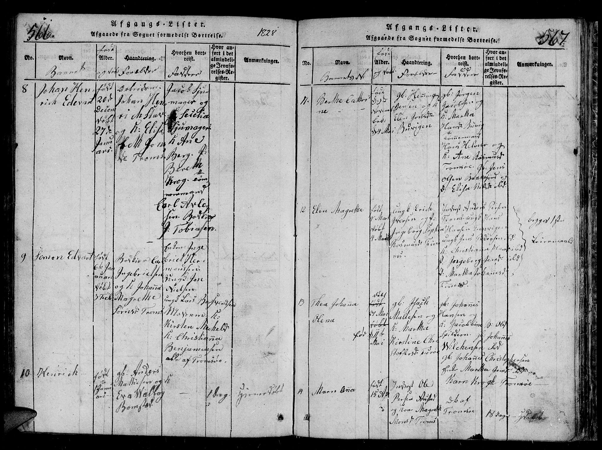 Tromsø sokneprestkontor/stiftsprosti/domprosti, AV/SATØ-S-1343/G/Gb/L0001klokker: Parish register (copy) no. 1, 1821-1833, p. 566-567