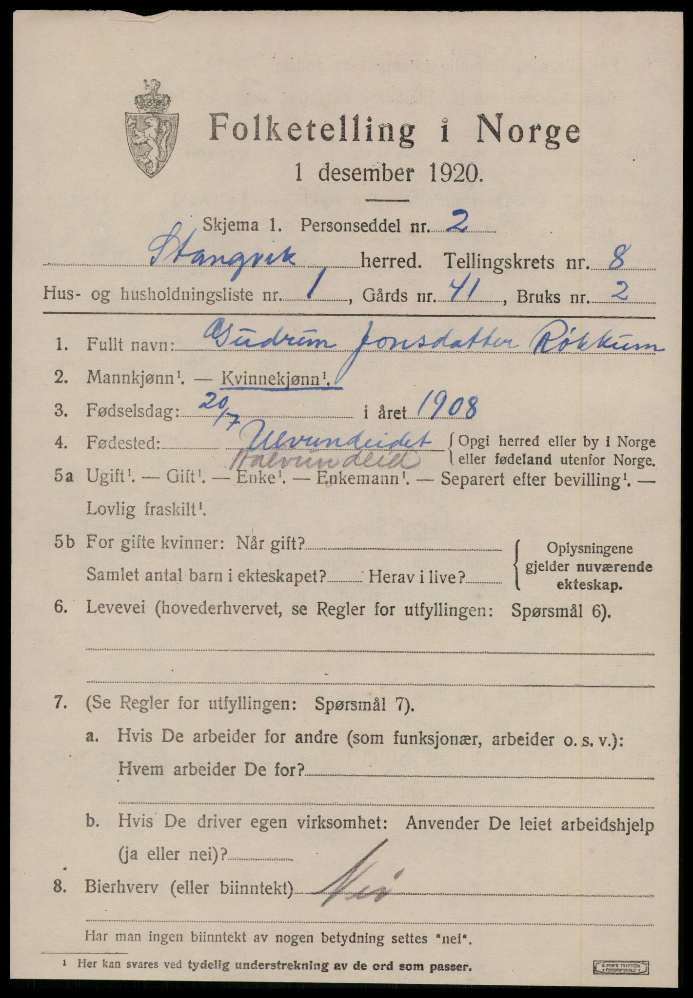 SAT, 1920 census for Stangvik, 1920, p. 4782