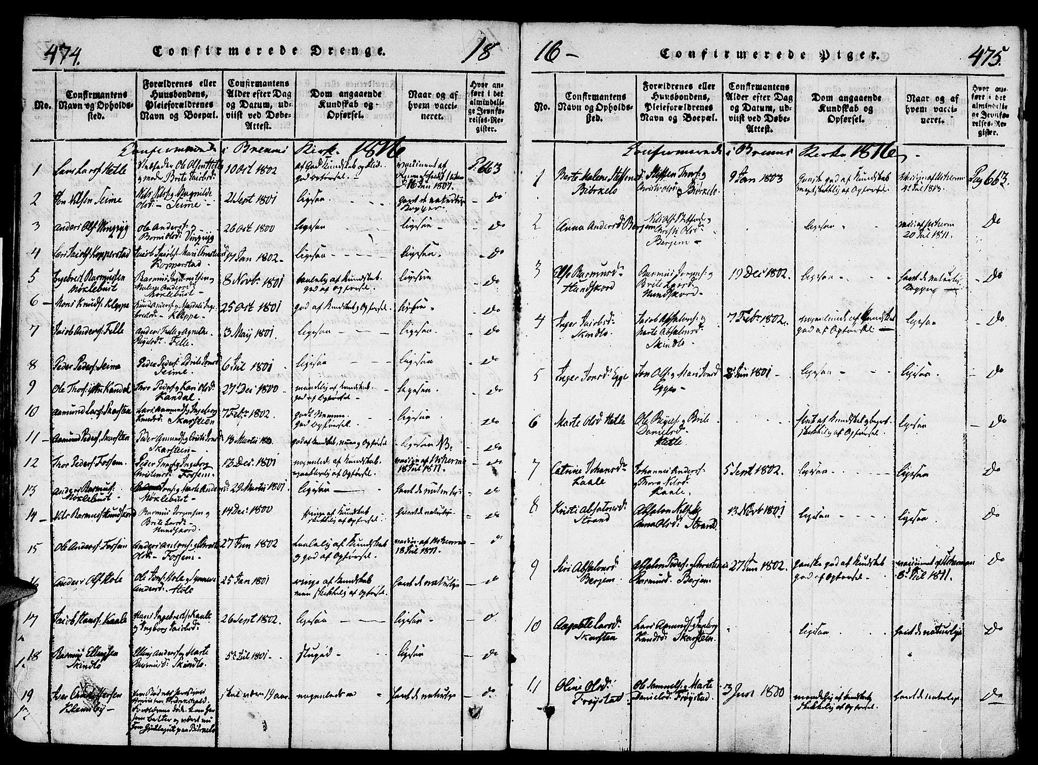 Gloppen sokneprestembete, SAB/A-80101/H/Haa/Haaa/L0006: Parish register (official) no. A 6, 1816-1826, p. 474-475