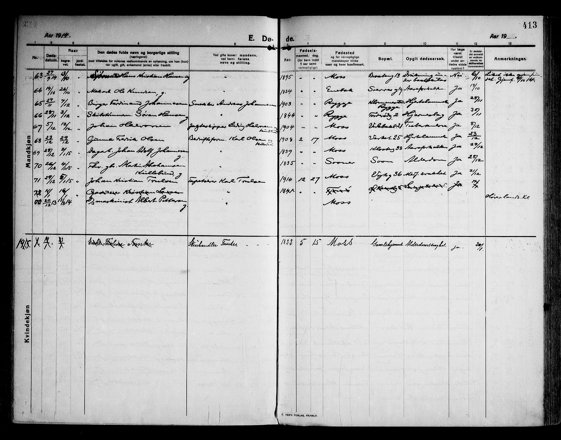 Moss prestekontor Kirkebøker, AV/SAO-A-2003/F/Fb/L0005: Parish register (official) no. II 5, 1913-1923, p. 413