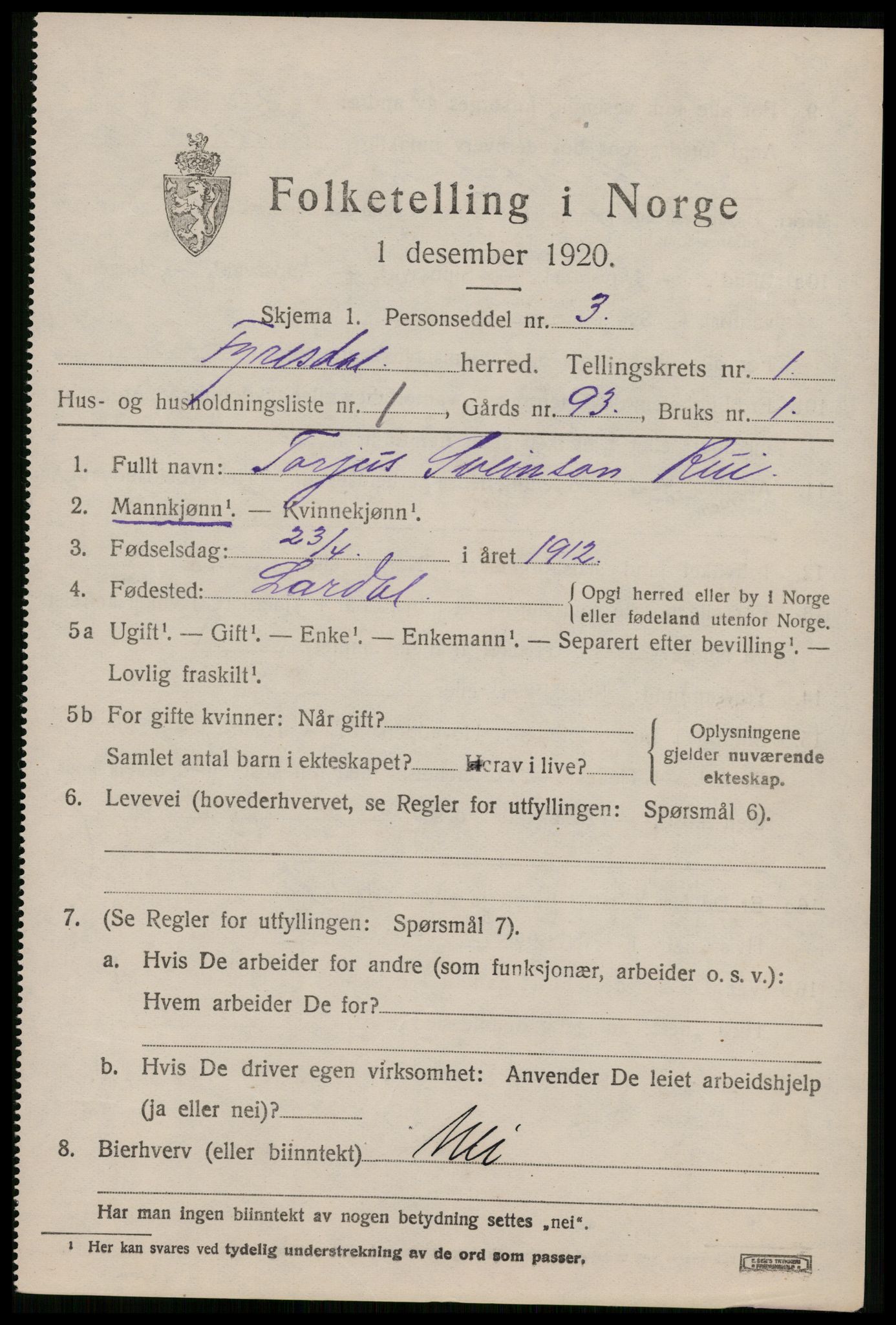 SAKO, 1920 census for Fyresdal, 1920, p. 969