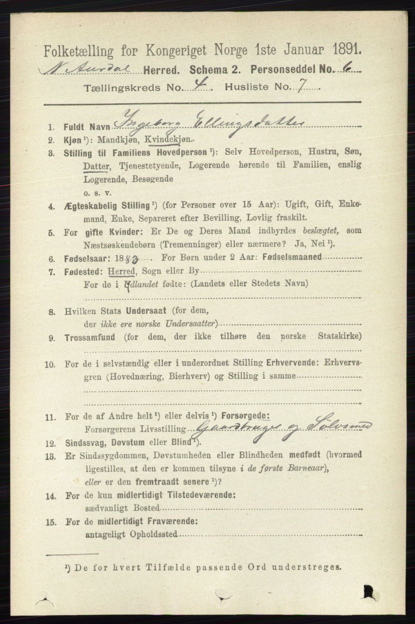 RA, 1891 census for 0542 Nord-Aurdal, 1891, p. 1193