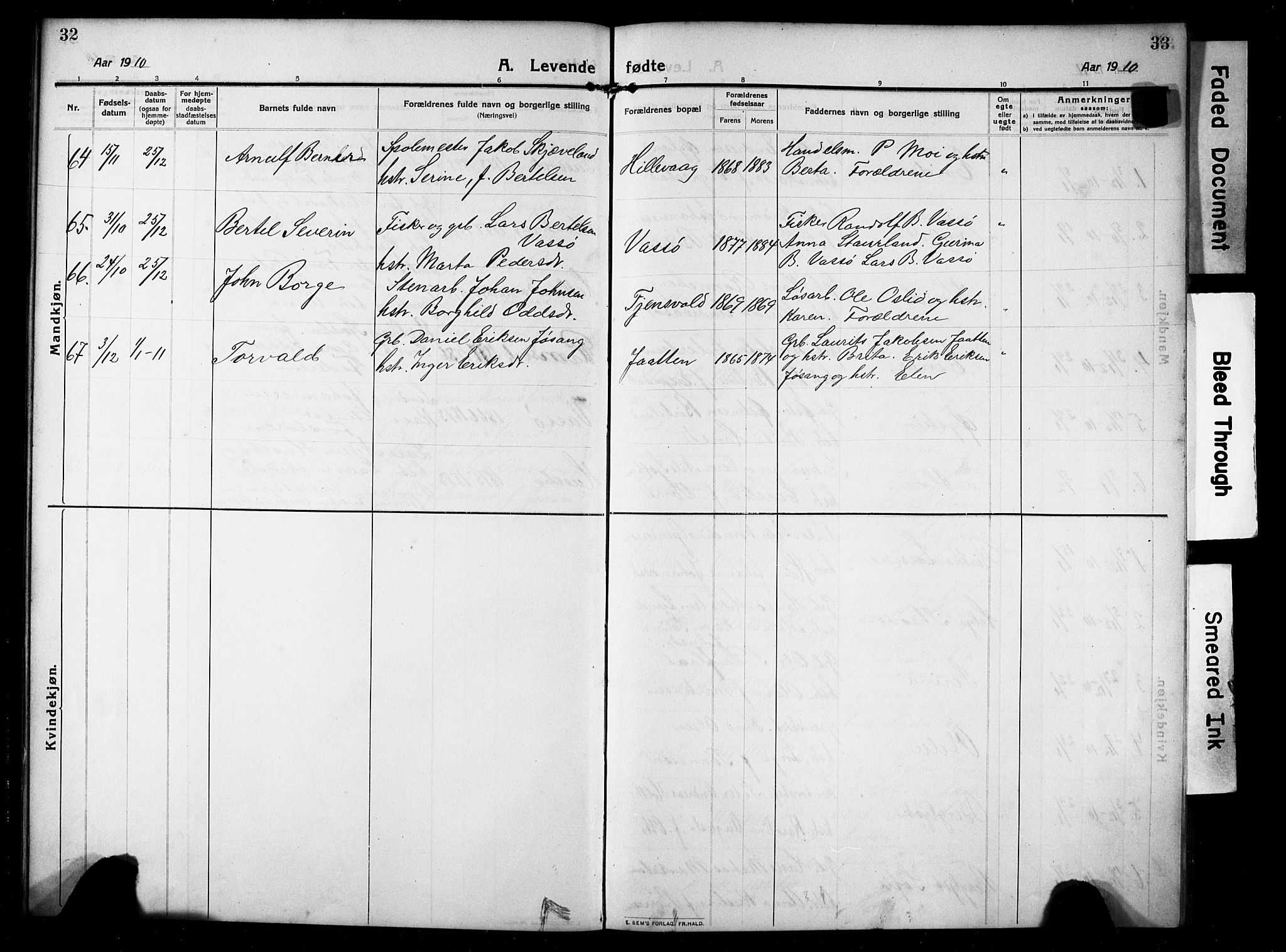 Hetland sokneprestkontor, AV/SAST-A-101826/30/30BB/L0008: Parish register (copy) no. B 8, 1910-1921, p. 32-33