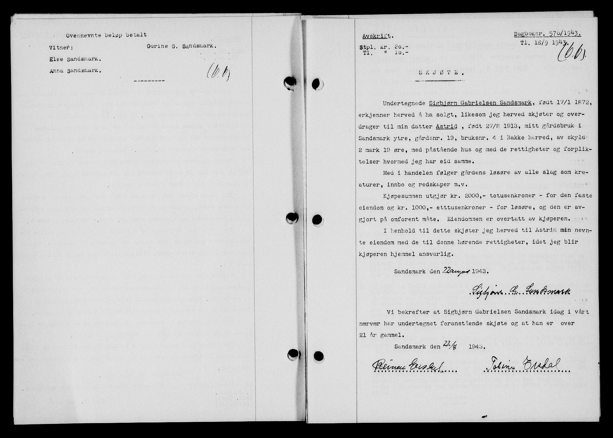 Flekkefjord sorenskriveri, SAK/1221-0001/G/Gb/Gba/L0058: Mortgage book no. A-6, 1942-1944, Diary no: : 576/1943