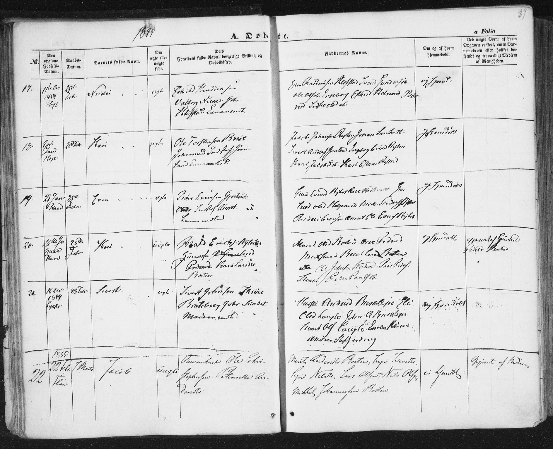 Ministerialprotokoller, klokkerbøker og fødselsregistre - Sør-Trøndelag, AV/SAT-A-1456/691/L1076: Parish register (official) no. 691A08, 1852-1861, p. 39