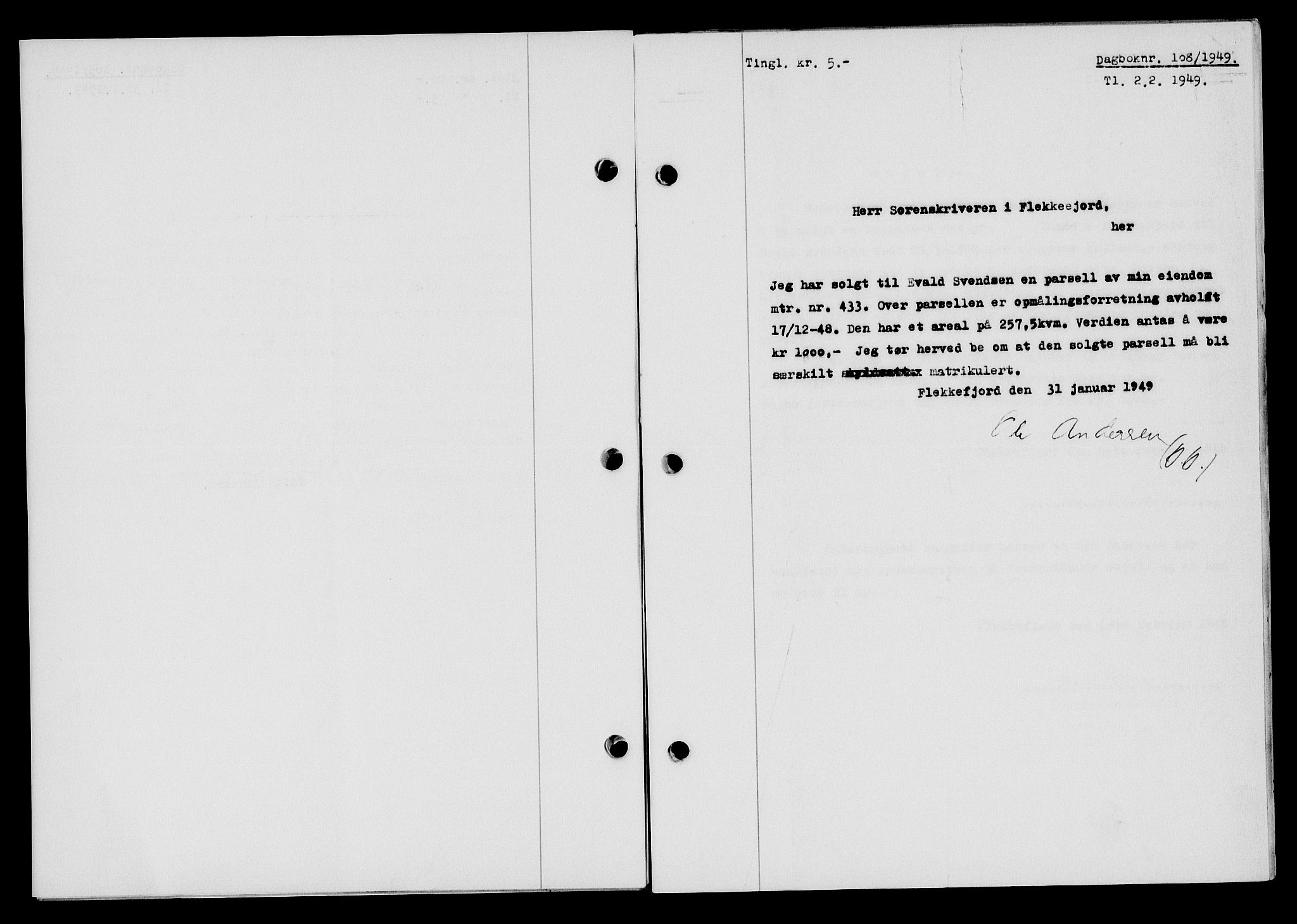 Flekkefjord sorenskriveri, SAK/1221-0001/G/Gb/Gba/L0064: Mortgage book no. A-12, 1948-1949, Diary no: : 108/1949