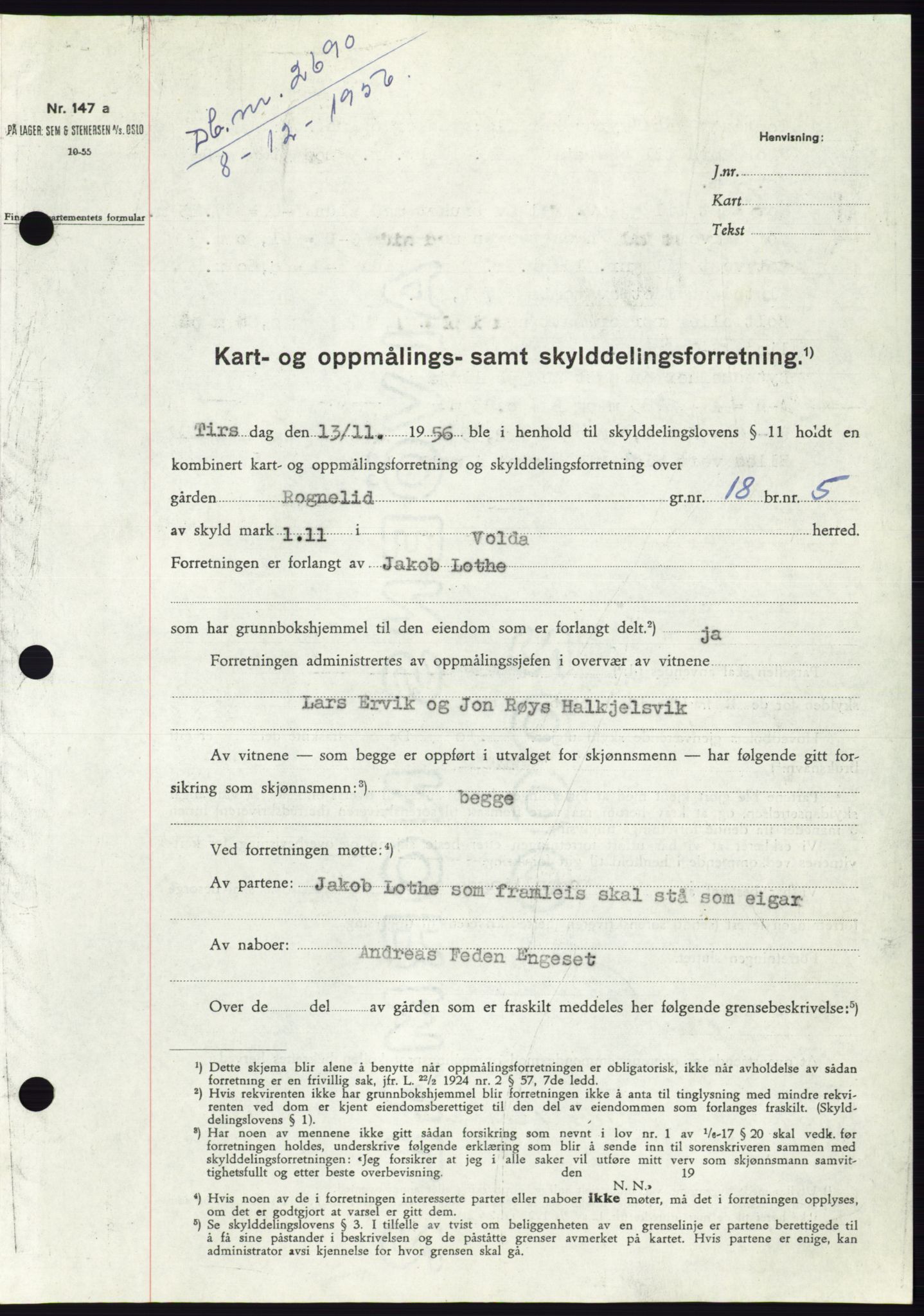 Søre Sunnmøre sorenskriveri, AV/SAT-A-4122/1/2/2C/L0105: Mortgage book no. 31A, 1956-1957, Diary no: : 2690/1956