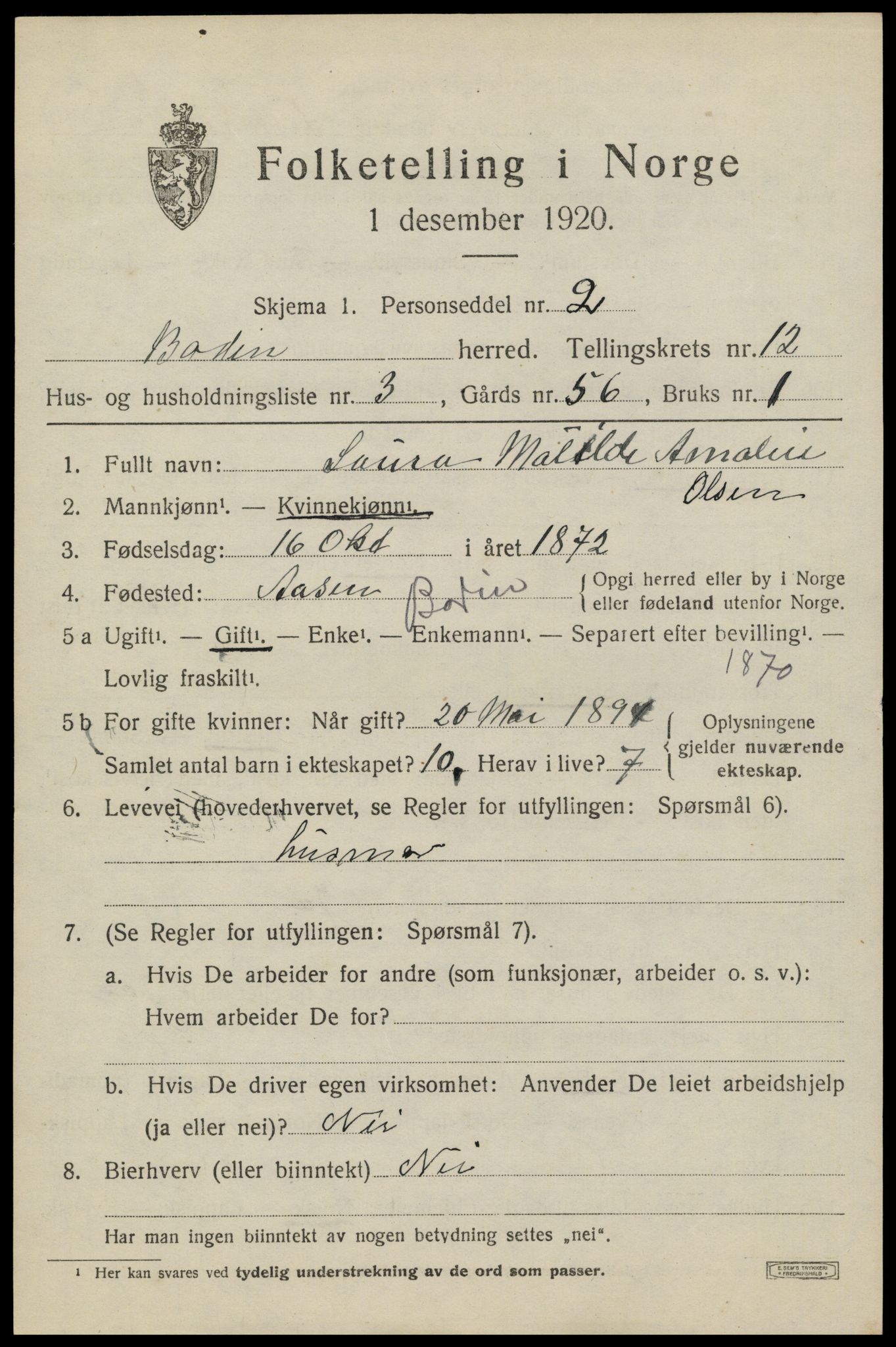 SAT, 1920 census for Bodin, 1920, p. 8450