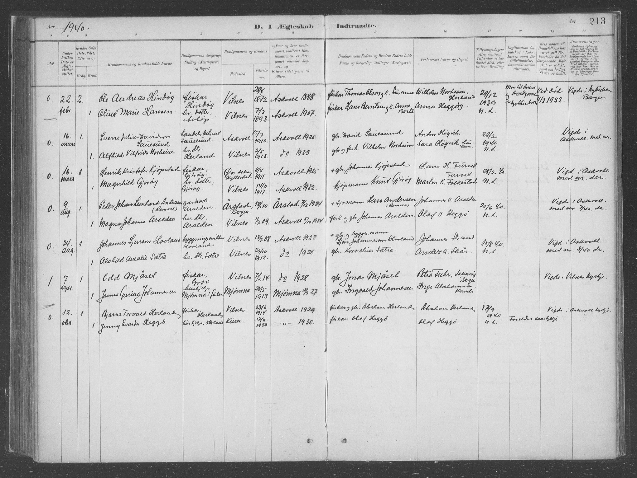 Askvoll sokneprestembete, SAB/A-79501/H/Haa/Haac/L0001: Parish register (official) no. C  1, 1879-1922, p. 213