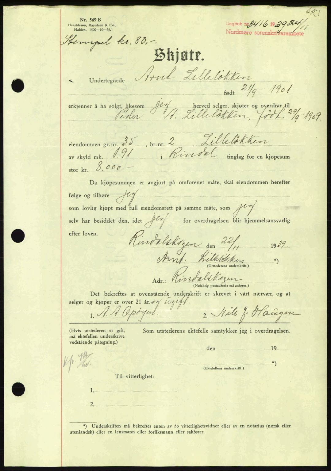 Nordmøre sorenskriveri, AV/SAT-A-4132/1/2/2Ca: Mortgage book no. A87, 1939-1940, Diary no: : 3416/1939