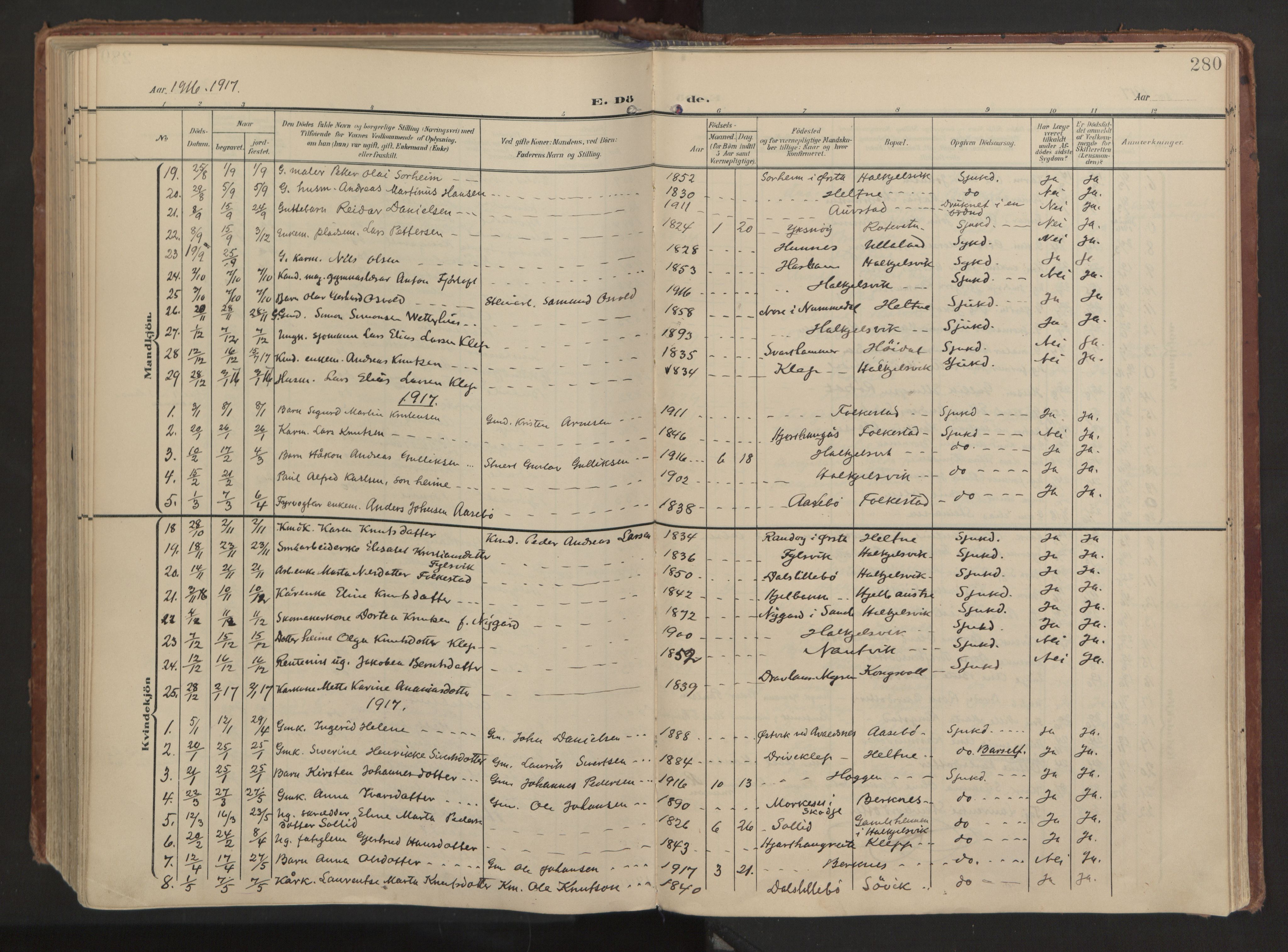 Ministerialprotokoller, klokkerbøker og fødselsregistre - Møre og Romsdal, SAT/A-1454/511/L0144: Parish register (official) no. 511A11, 1906-1923, p. 280