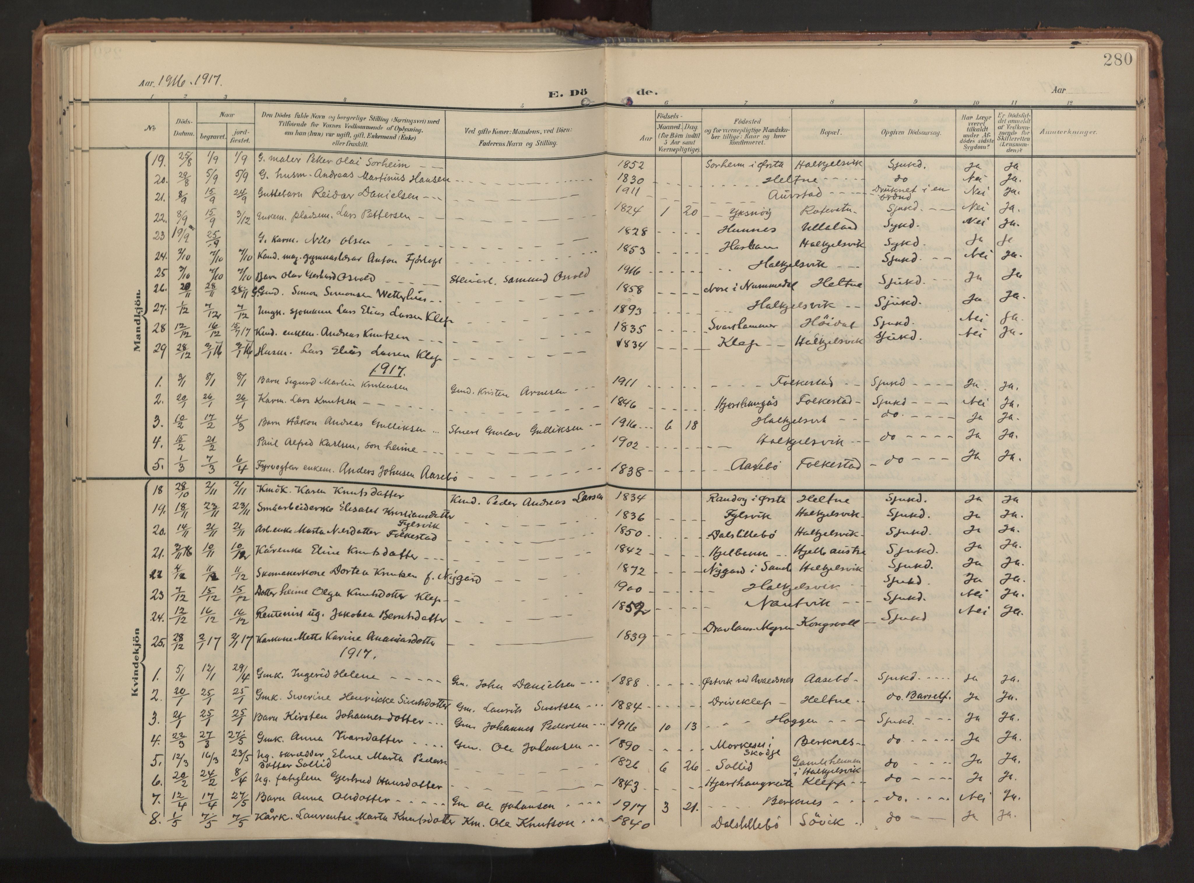 Ministerialprotokoller, klokkerbøker og fødselsregistre - Møre og Romsdal, AV/SAT-A-1454/511/L0144: Parish register (official) no. 511A11, 1906-1923, p. 280