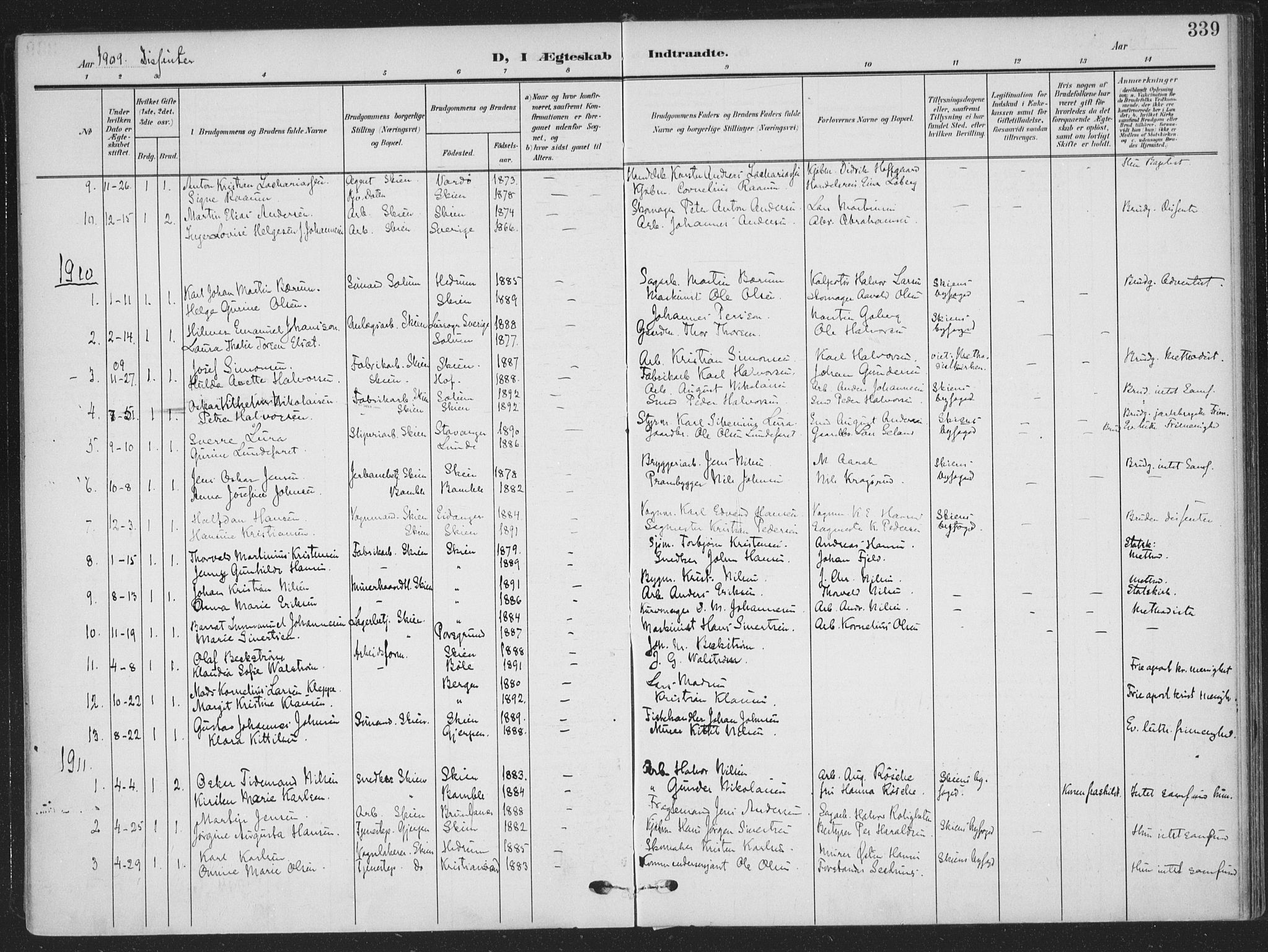 Skien kirkebøker, SAKO/A-302/F/Fa/L0012: Parish register (official) no. 12, 1908-1914, p. 339