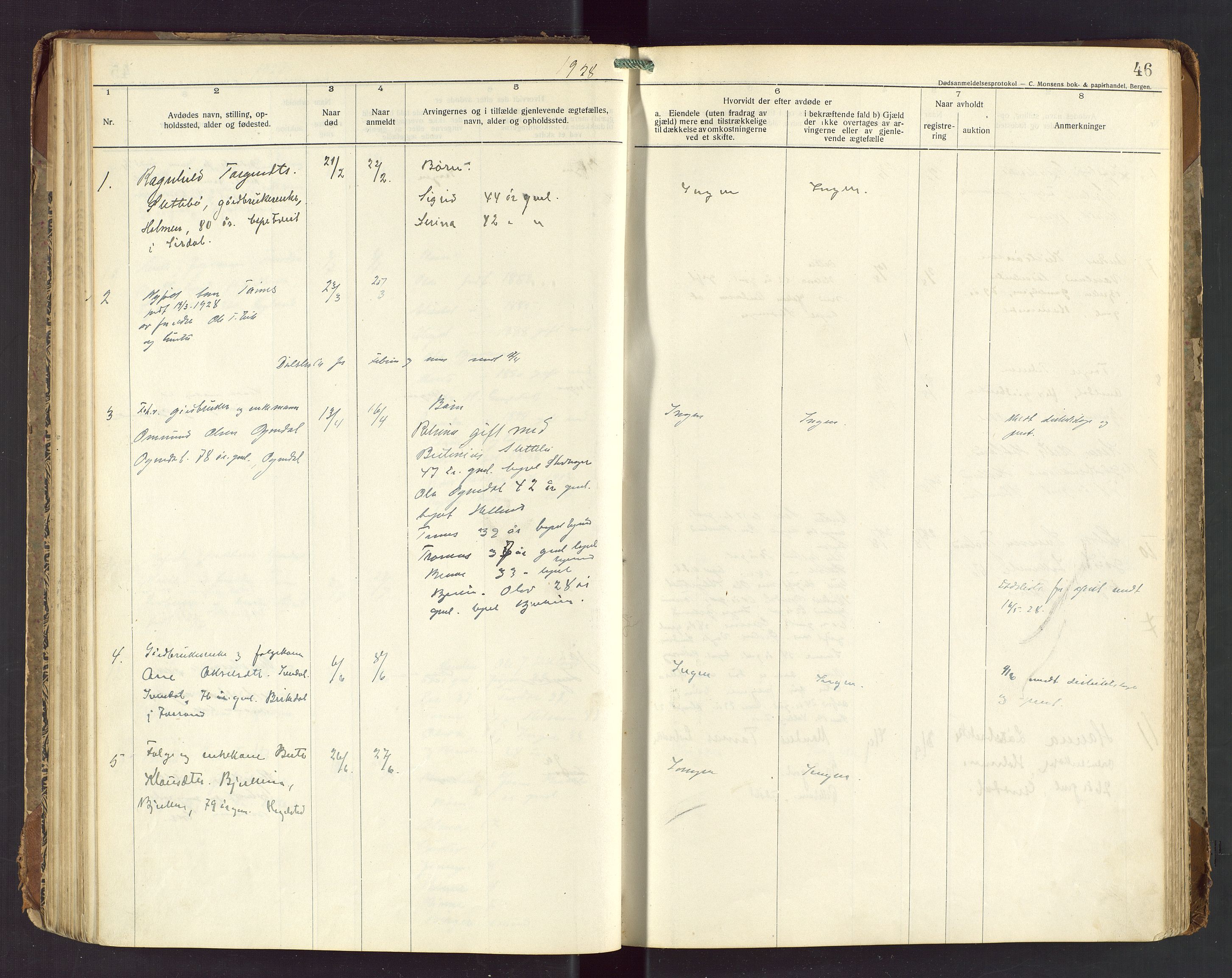 Bjerkreim lensmannskontor, AV/SAST-A-100090/Gga/L0002: "Dødsanmeldelsesprotokoll", 1916-1954, p. 46