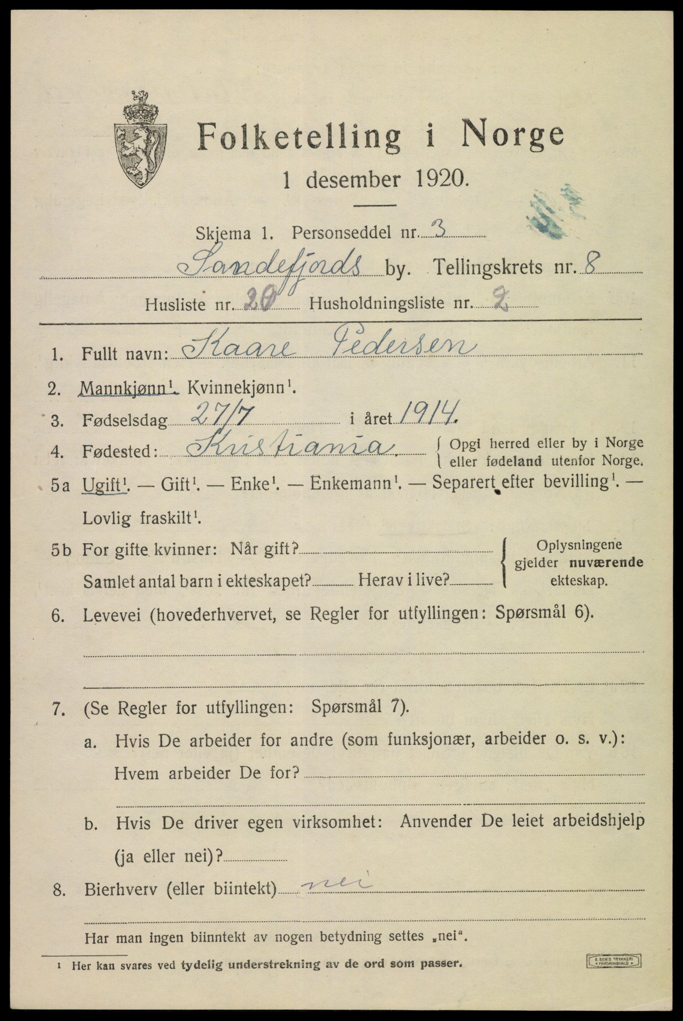 SAKO, 1920 census for Sandefjord, 1920, p. 12056