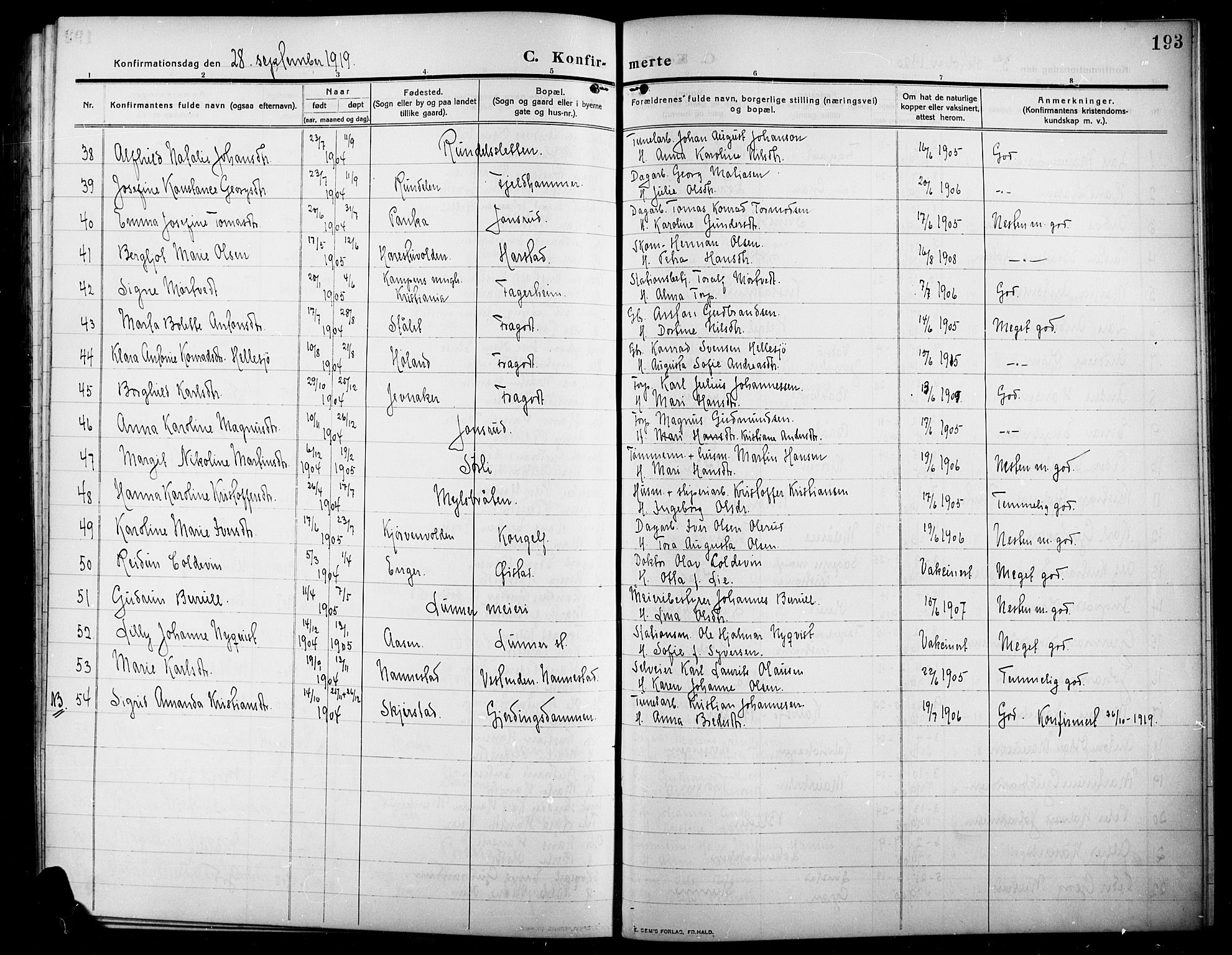 Lunner prestekontor, AV/SAH-PREST-118/H/Ha/Hab/L0001: Parish register (copy) no. 1, 1909-1922, p. 193