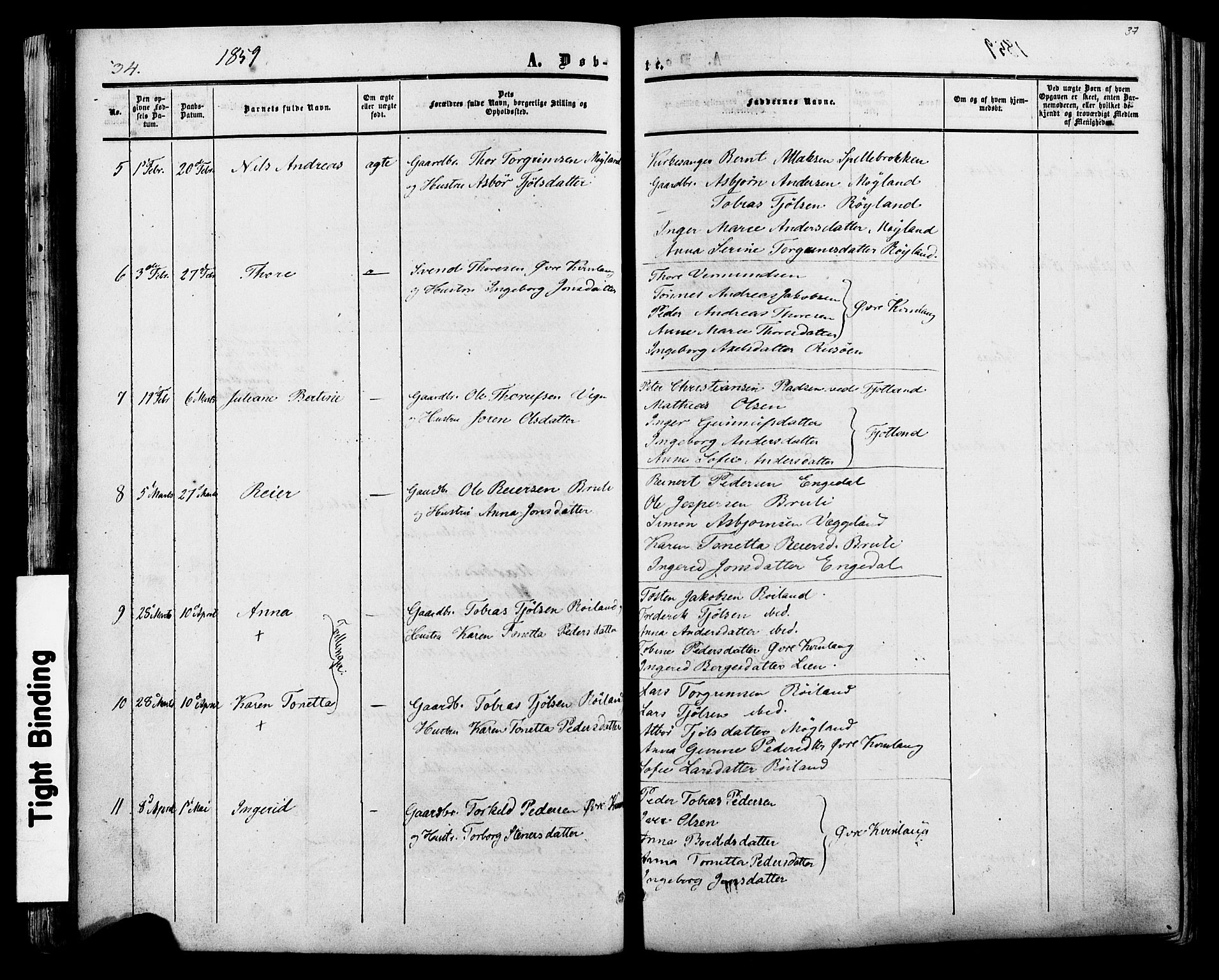 Fjotland sokneprestkontor, SAK/1111-0010/F/Fa/L0001: Parish register (official) no. A 1, 1850-1879, p. 37
