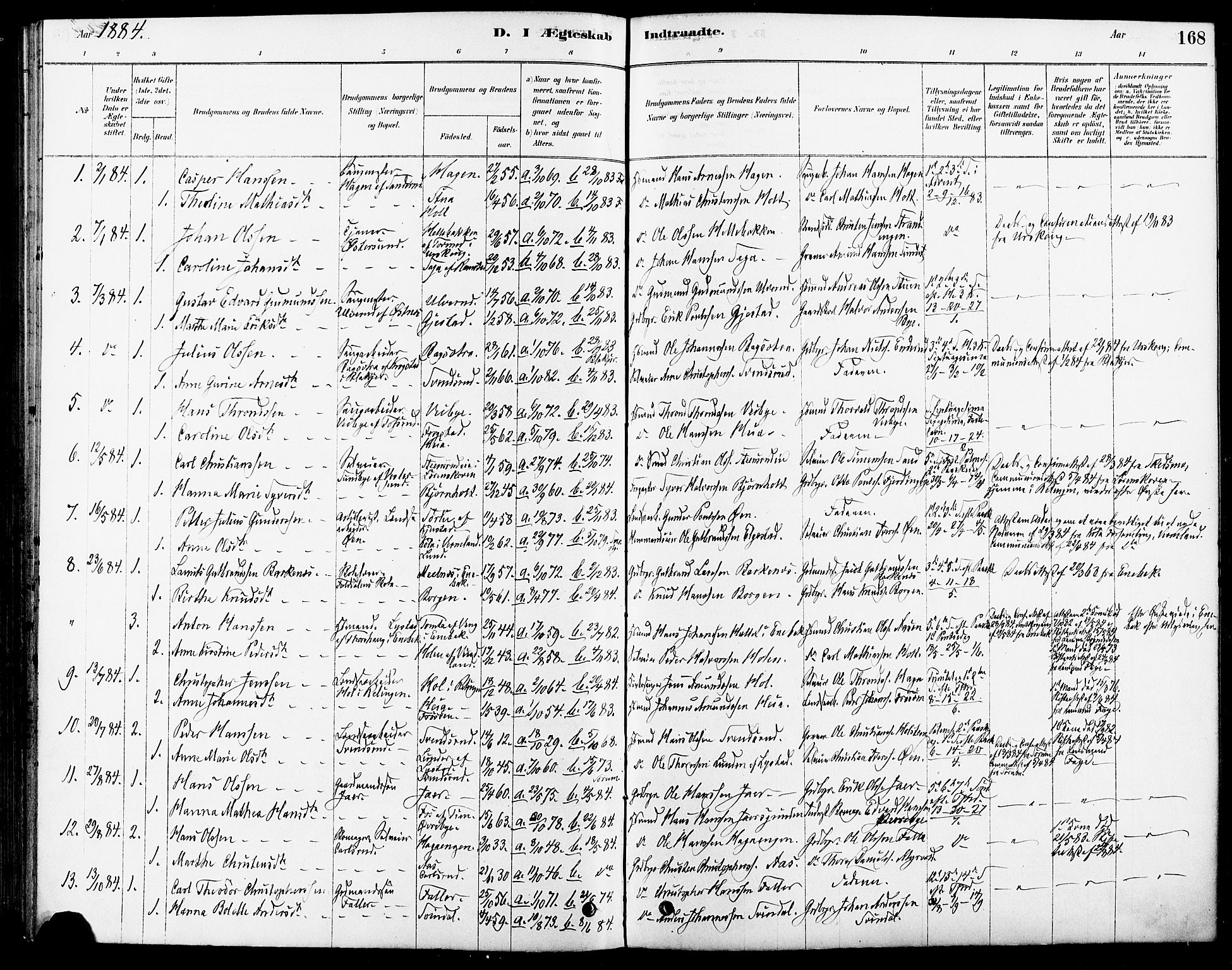 Fet prestekontor Kirkebøker, SAO/A-10370a/F/Fa/L0014: Parish register (official) no. I 14, 1878-1891, p. 168