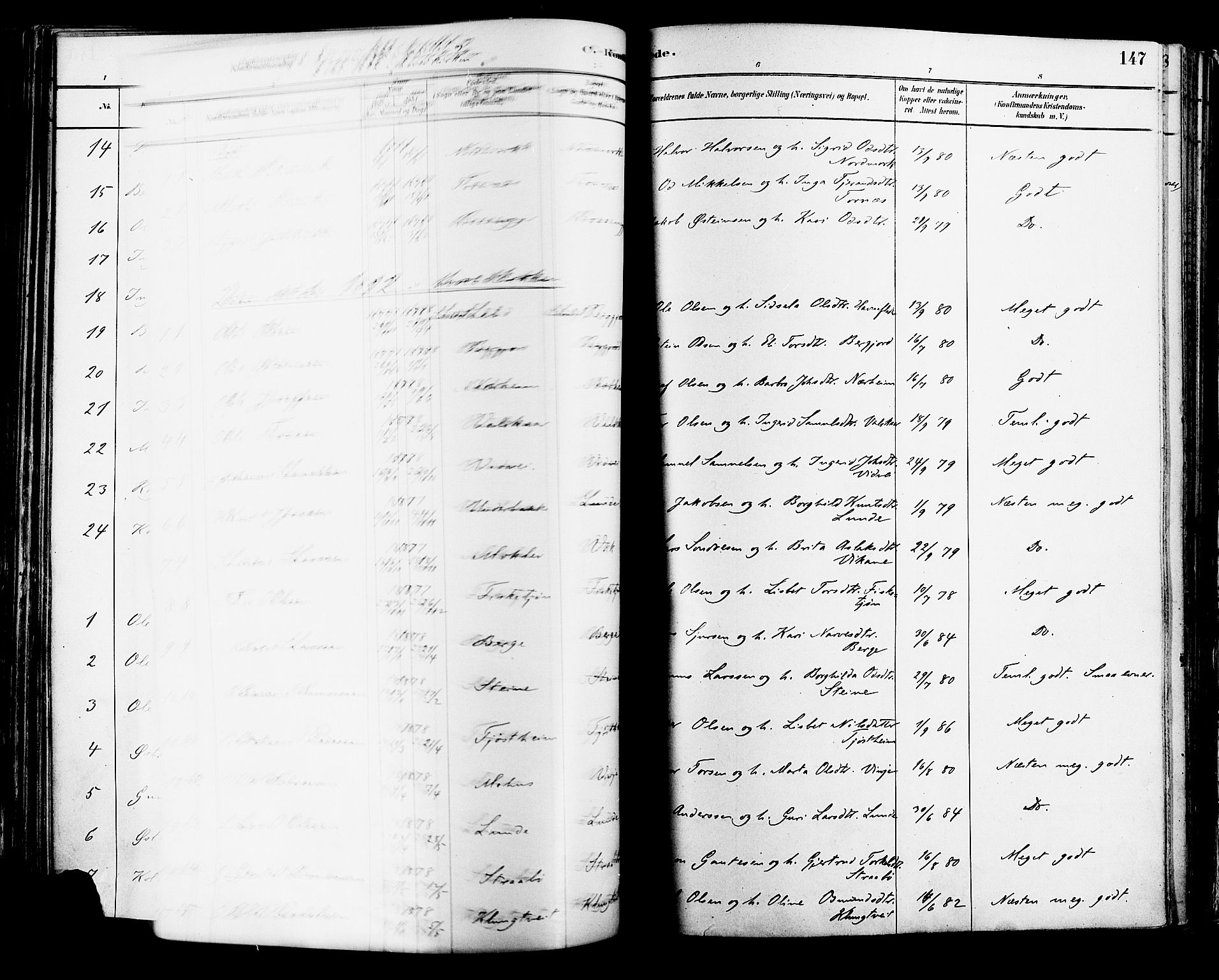 Suldal sokneprestkontor, AV/SAST-A-101845/01/IV/L0011: Parish register (official) no. A 11, 1878-1900, p. 147