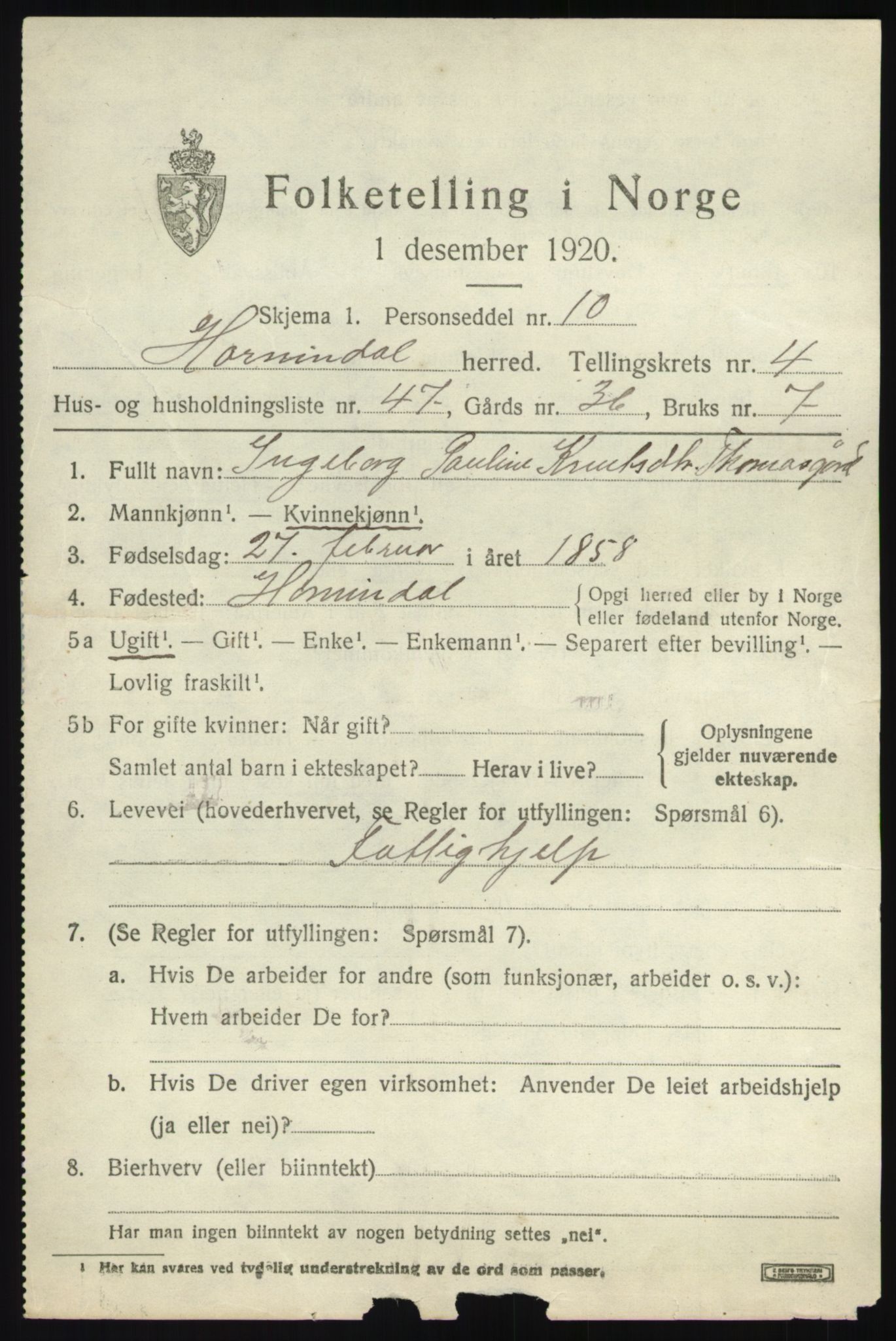 SAB, 1920 census for Hornindal, 1920, p. 2344