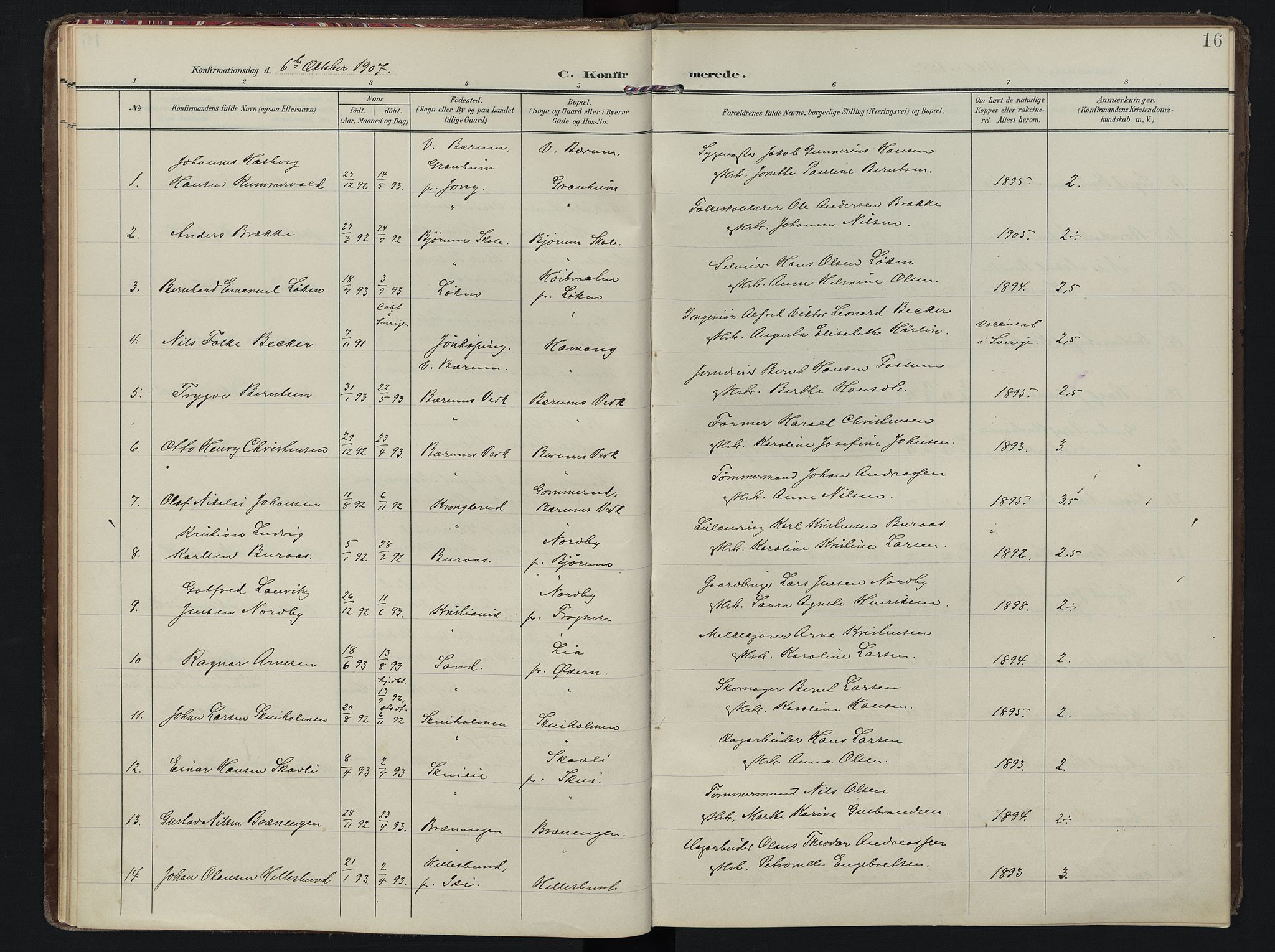 Vestre Bærum prestekontor Kirkebøker, AV/SAO-A-10209a/F/Fa/L0002: Parish register (official) no. 2, 1905-1920, p. 16