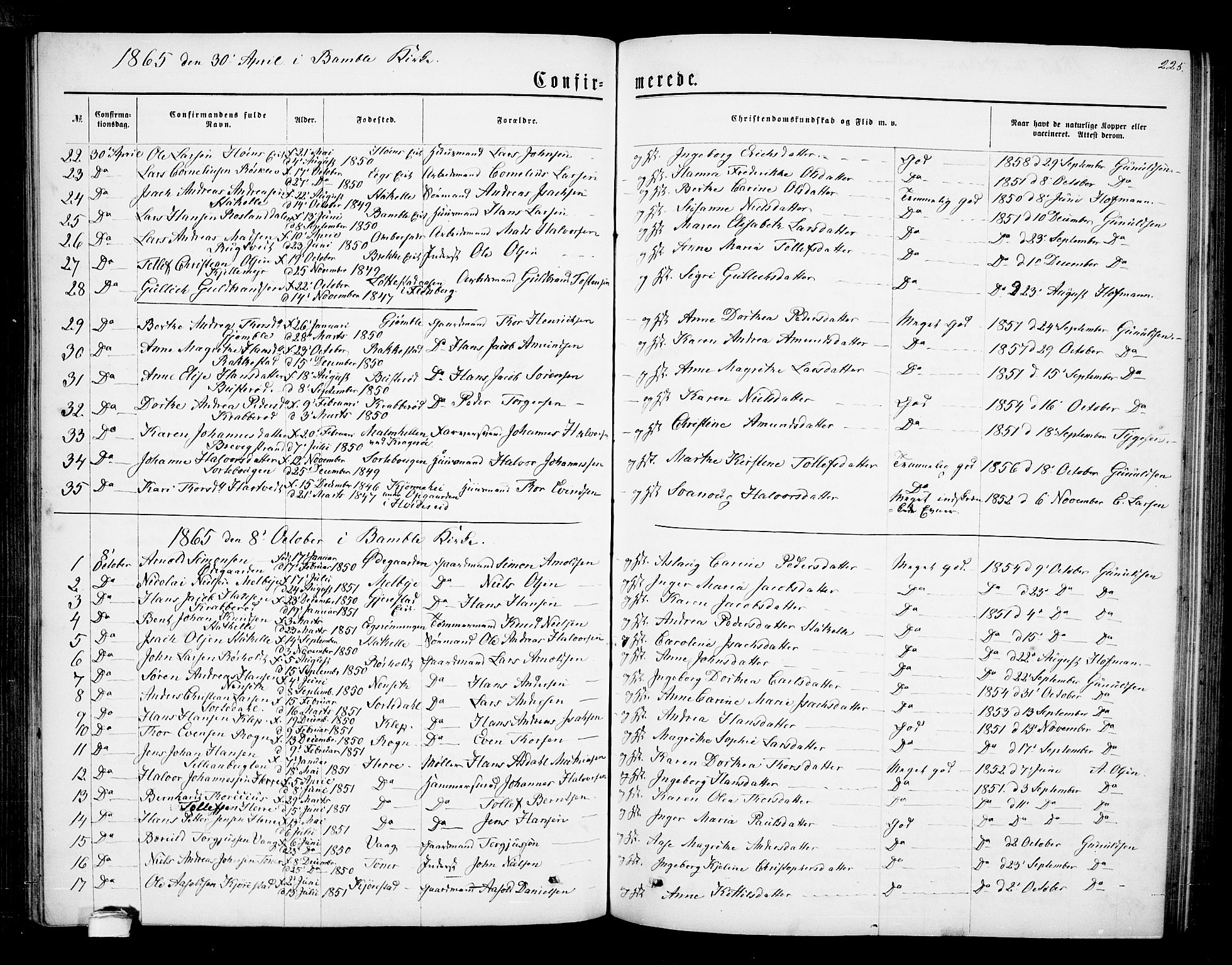 Bamble kirkebøker, AV/SAKO-A-253/G/Ga/L0006: Parish register (copy) no. I 6, 1860-1876, p. 225