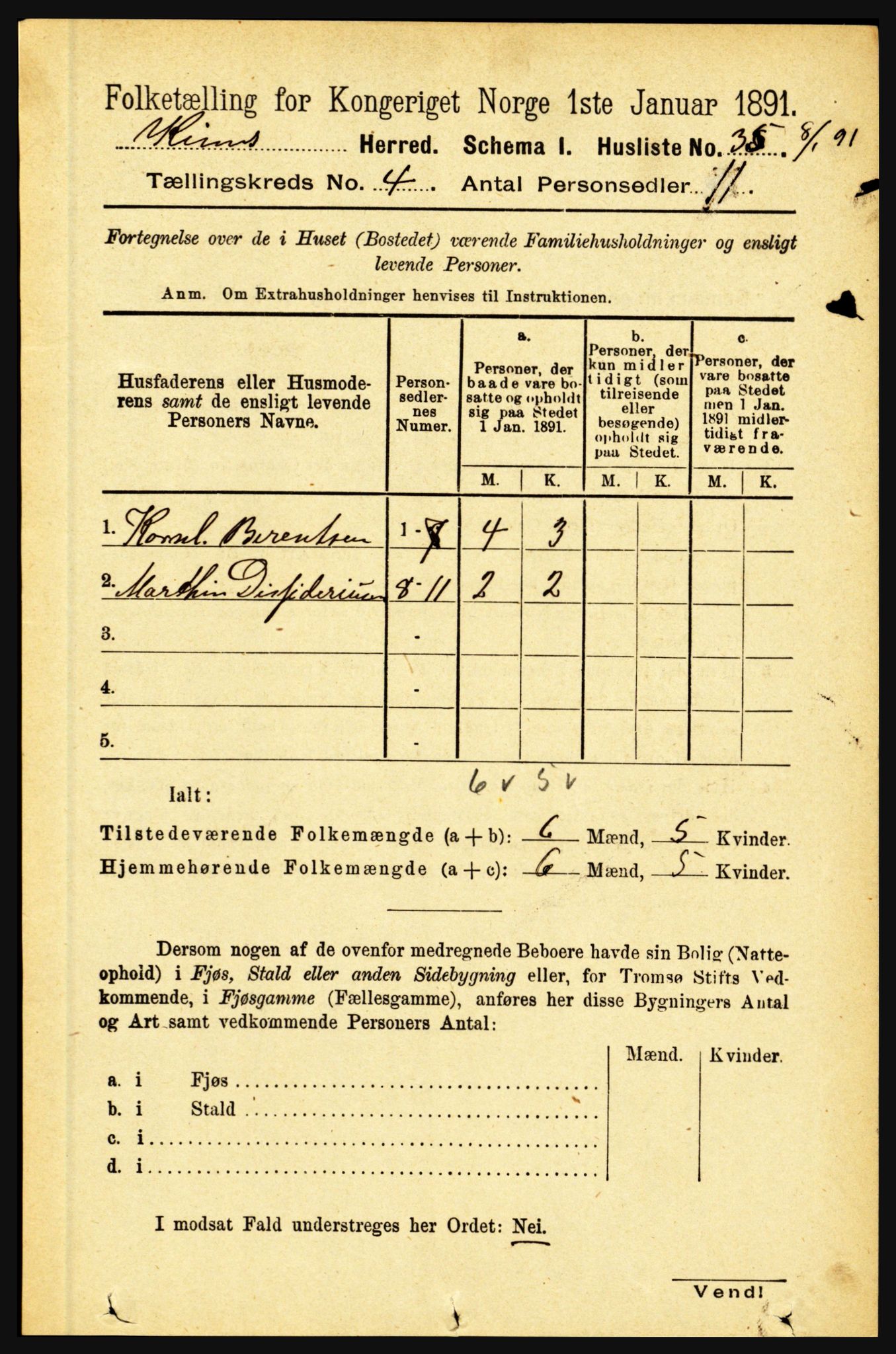 RA, 1891 census for 1437 Kinn, 1891, p. 1290