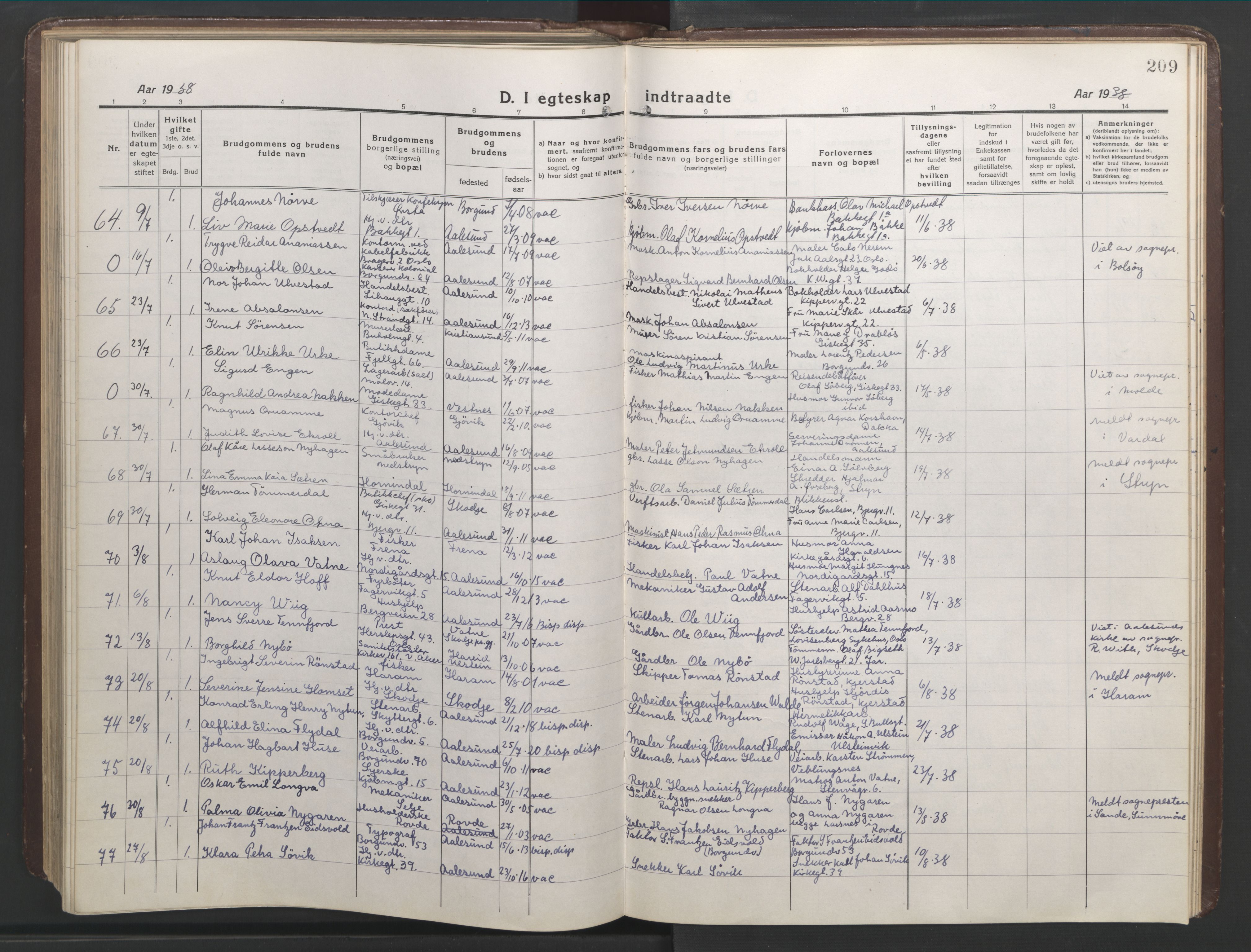 Ministerialprotokoller, klokkerbøker og fødselsregistre - Møre og Romsdal, SAT/A-1454/529/L0473: Parish register (copy) no. 529C10, 1918-1941, p. 209