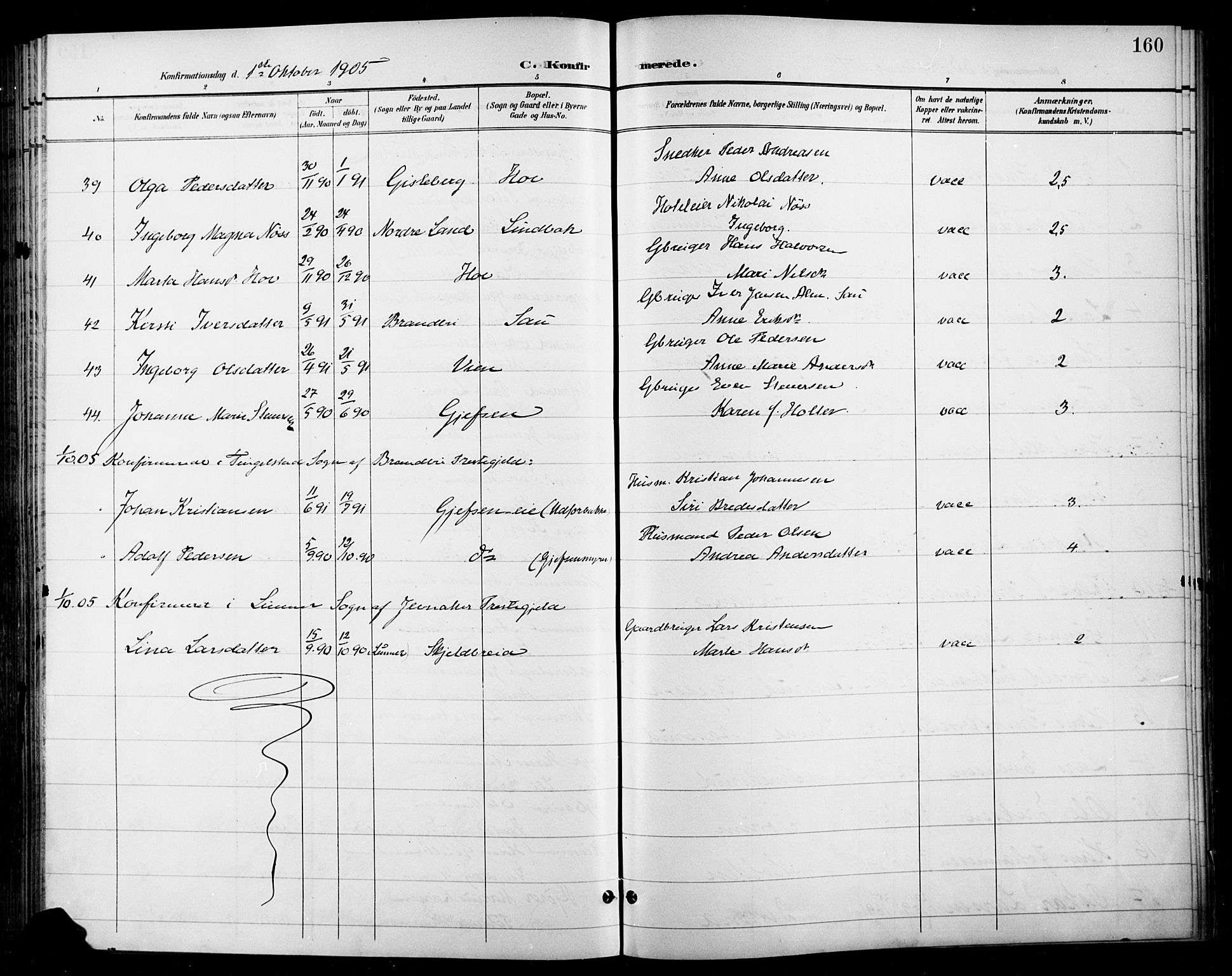 Gran prestekontor, SAH/PREST-112/H/Ha/Haa/L0019: Parish register (official) no. 19, 1898-1907, p. 160