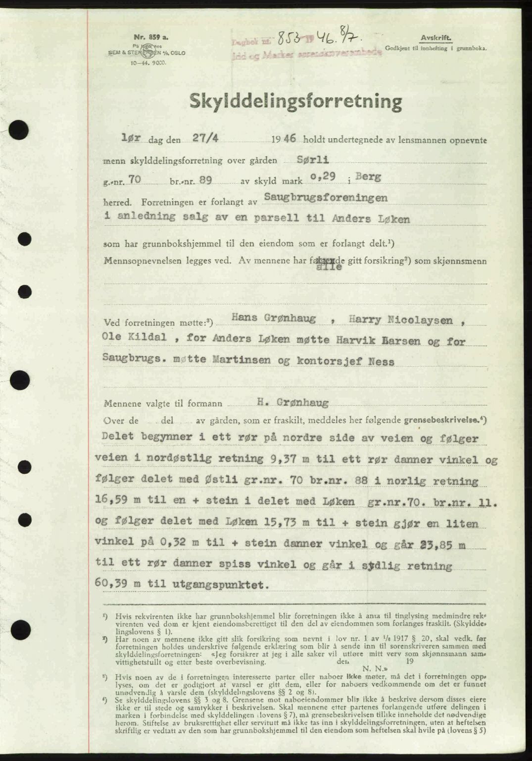 Idd og Marker sorenskriveri, AV/SAO-A-10283/G/Gb/Gbb/L0008: Mortgage book no. A8, 1946-1946, Diary no: : 853/1946