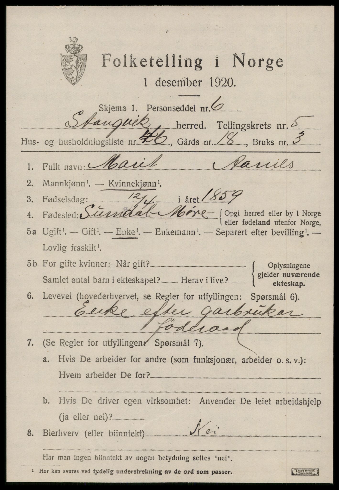 SAT, 1920 census for Stangvik, 1920, p. 3822