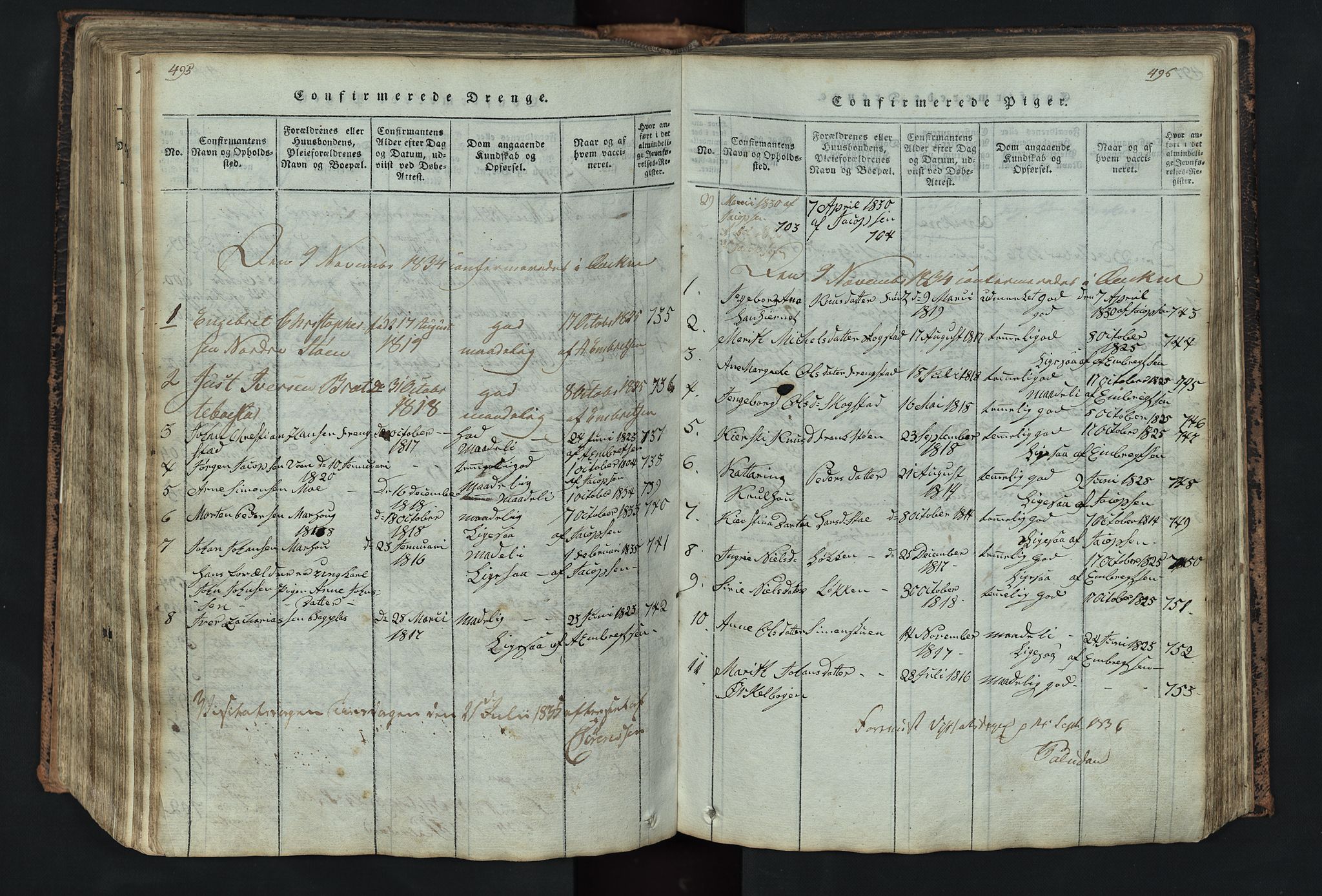 Kvikne prestekontor, SAH/PREST-064/H/Ha/Hab/L0001: Parish register (copy) no. 1, 1815-1895, p. 495-496
