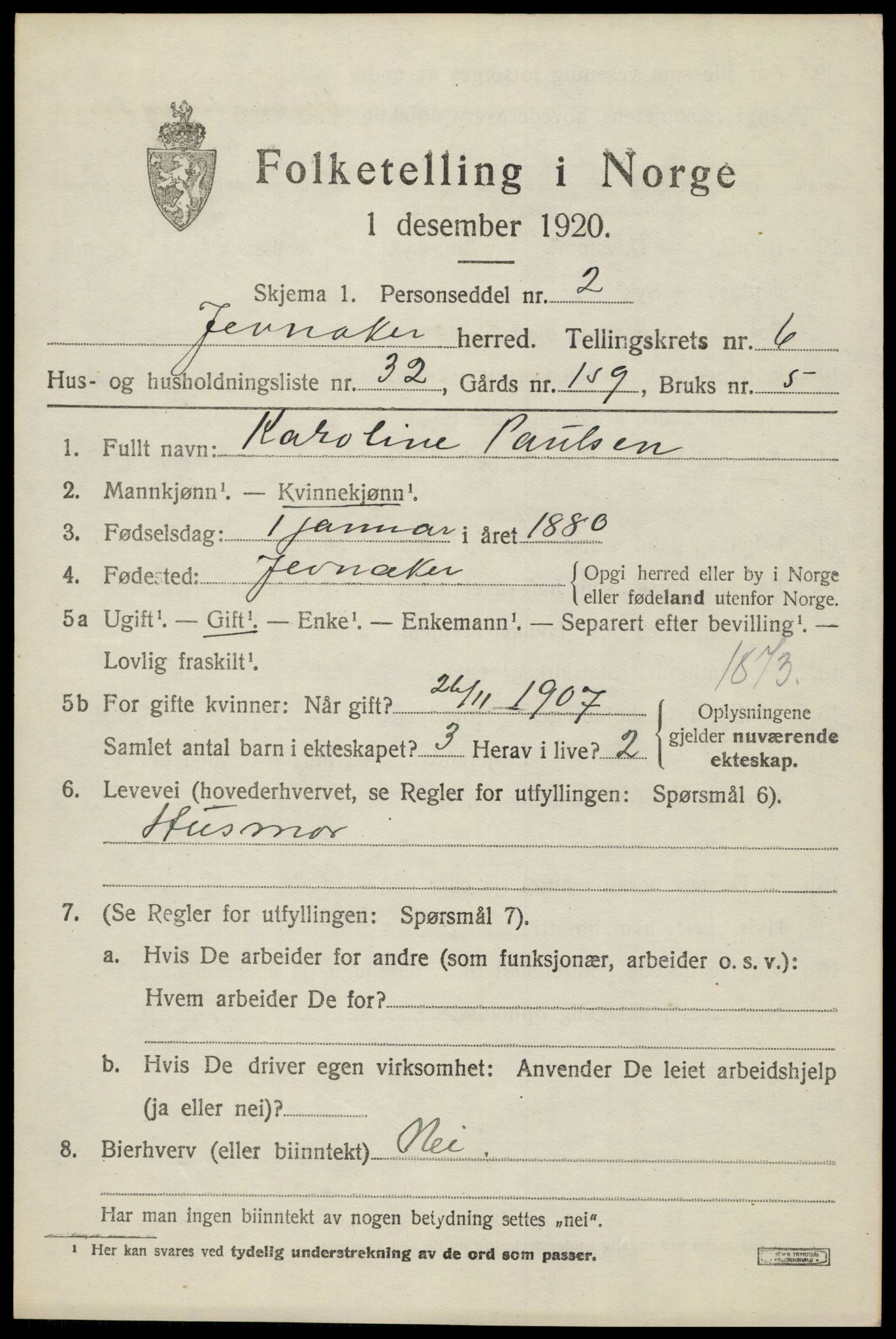 SAH, 1920 census for Jevnaker, 1920, p. 9171