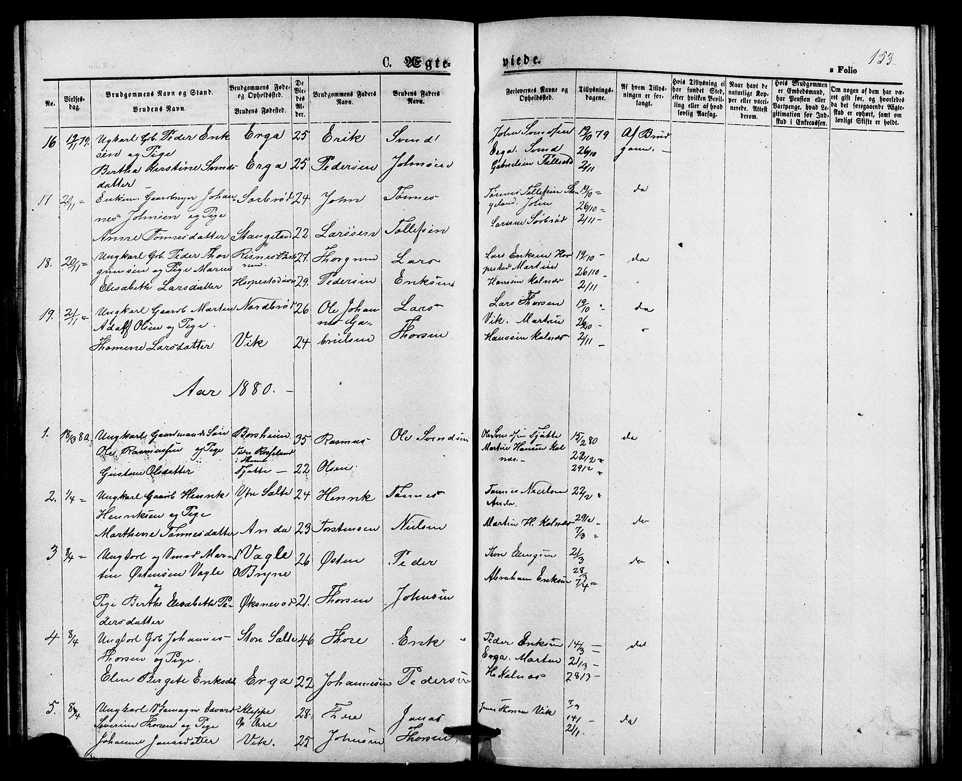 Klepp sokneprestkontor, SAST/A-101803/001/3/30BB/L0003: Parish register (copy) no. B 3, 1876-1888, p. 153