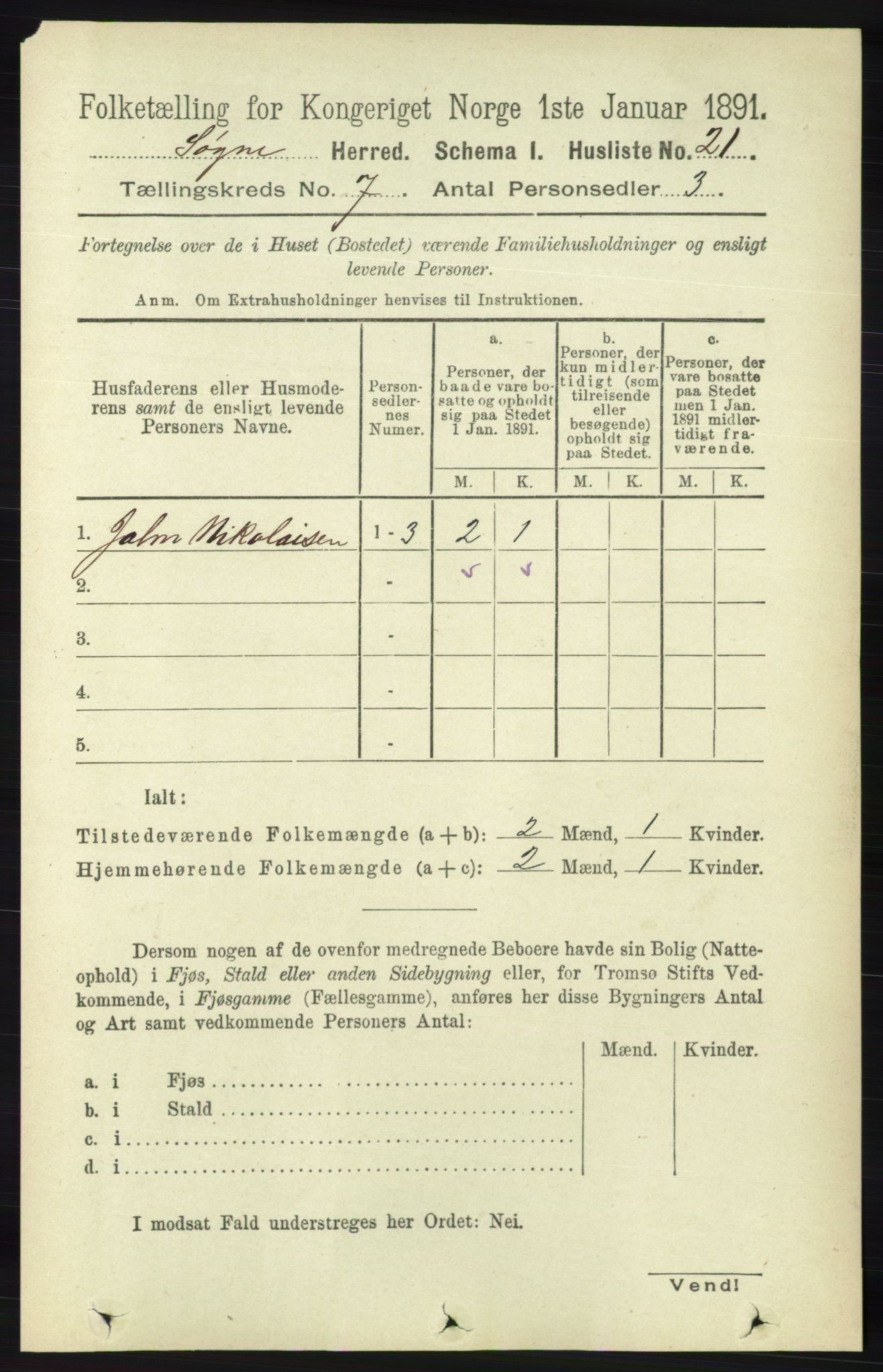 RA, 1891 census for 1018 Søgne, 1891, p. 1444