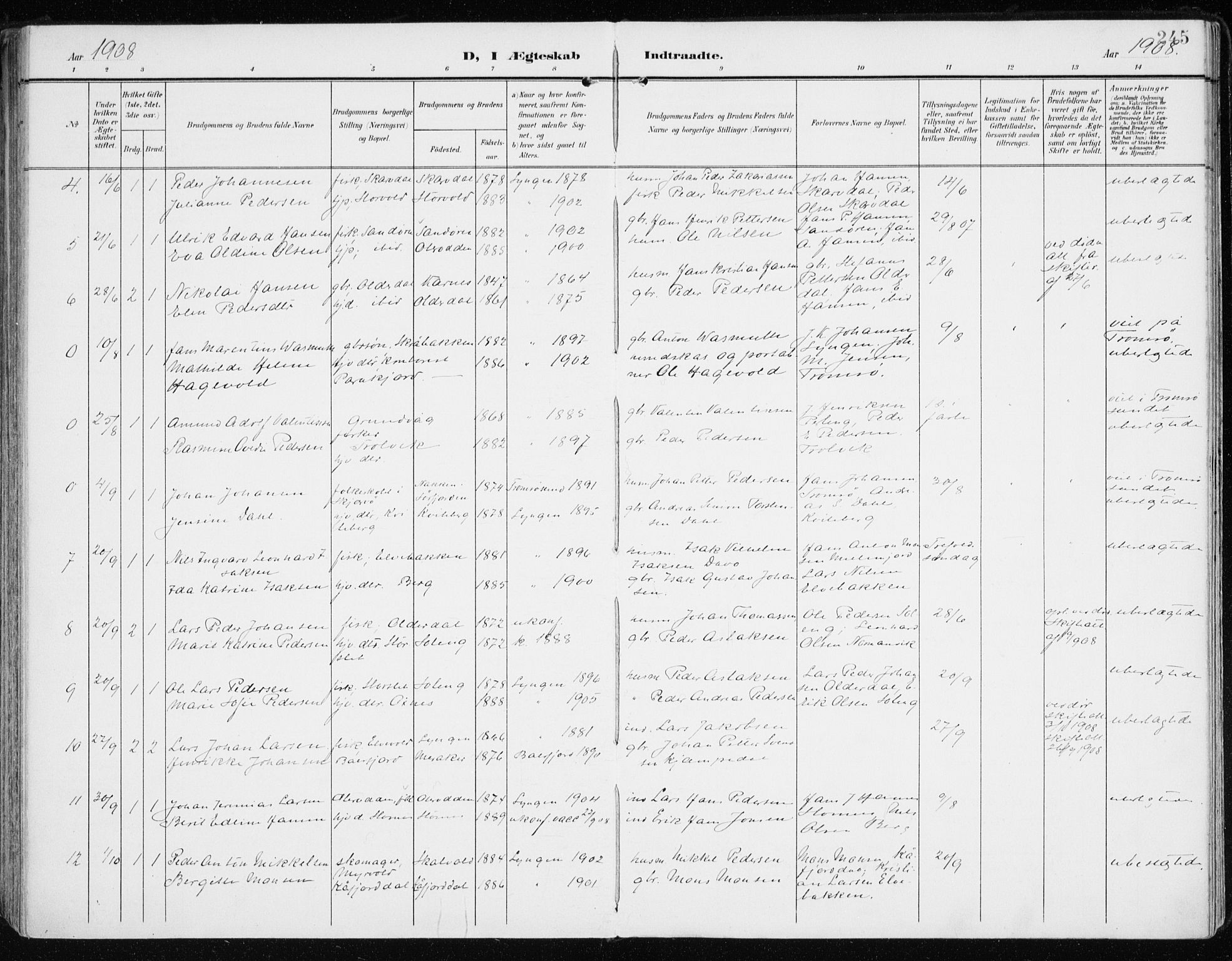 Lyngen sokneprestembete, AV/SATØ-S-1289/H/He/Hea/L0011kirke: Parish register (official) no. 11, 1903-1913, p. 245