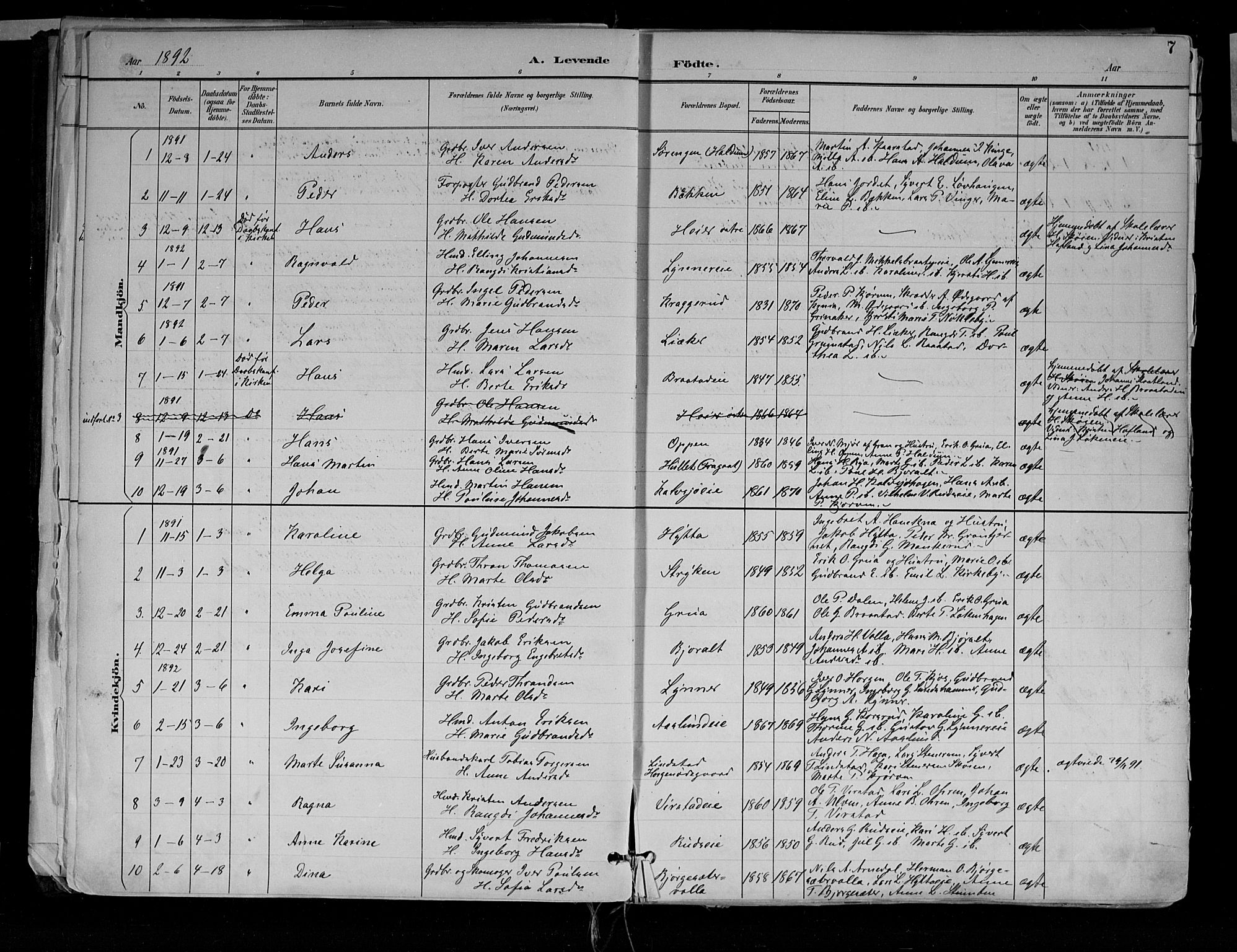 Jevnaker prestekontor, SAH/PREST-116/H/Ha/Haa/L0010: Parish register (official) no. 10, 1891-1906, p. 7