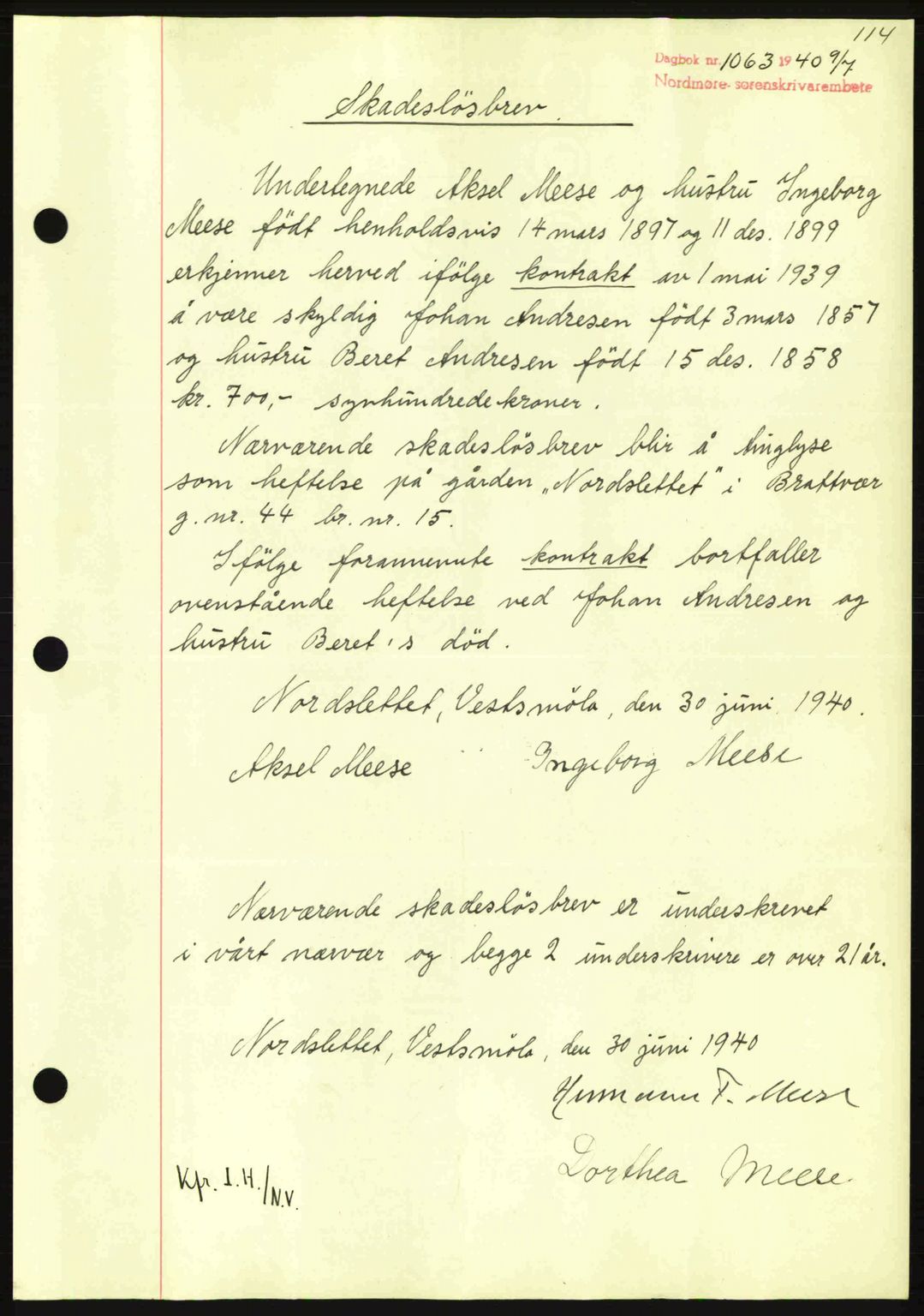 Nordmøre sorenskriveri, AV/SAT-A-4132/1/2/2Ca: Mortgage book no. B87, 1940-1941, Diary no: : 1063/1940