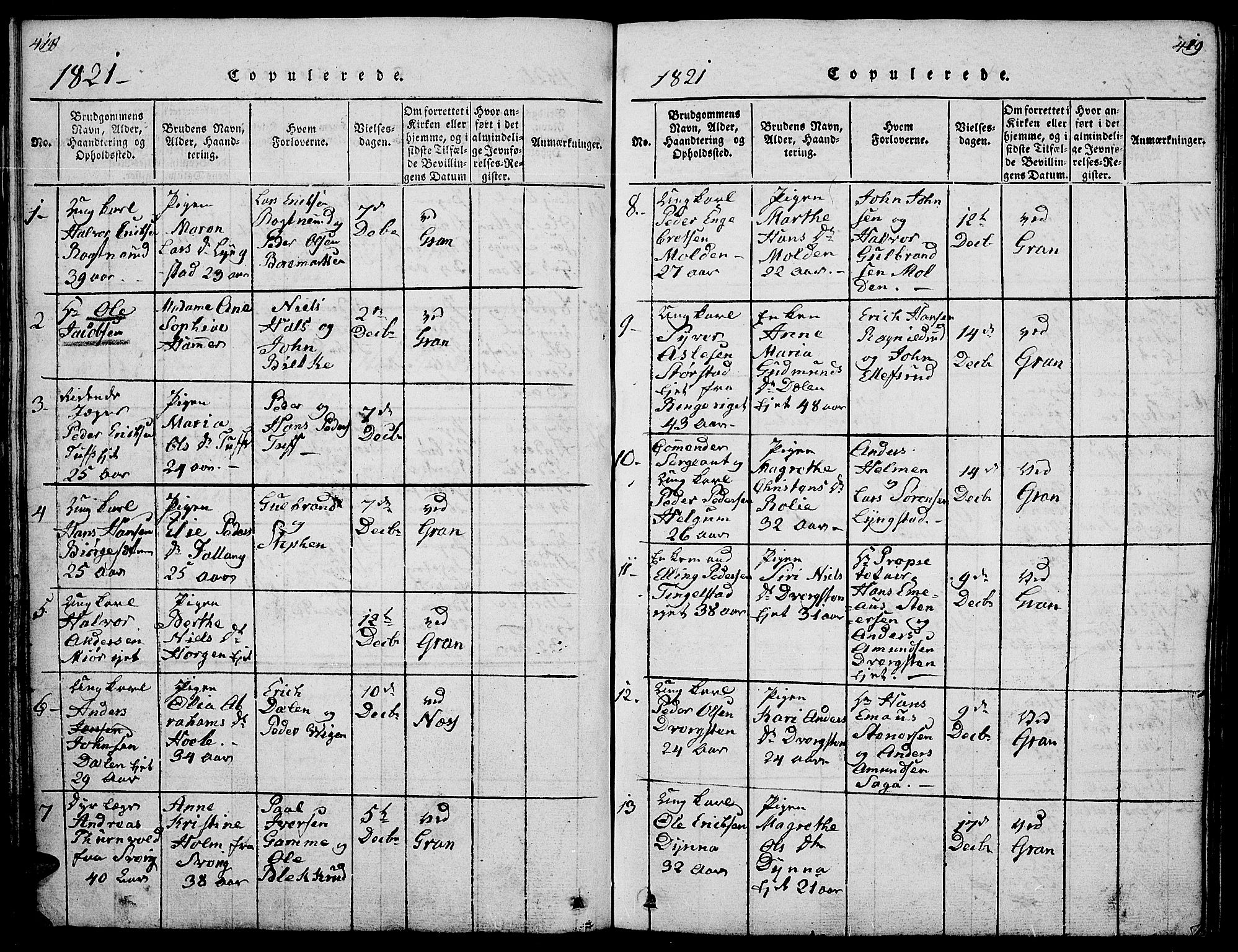 Gran prestekontor, SAH/PREST-112/H/Ha/Hab/L0001: Parish register (copy) no. 1, 1815-1824, p. 418-419