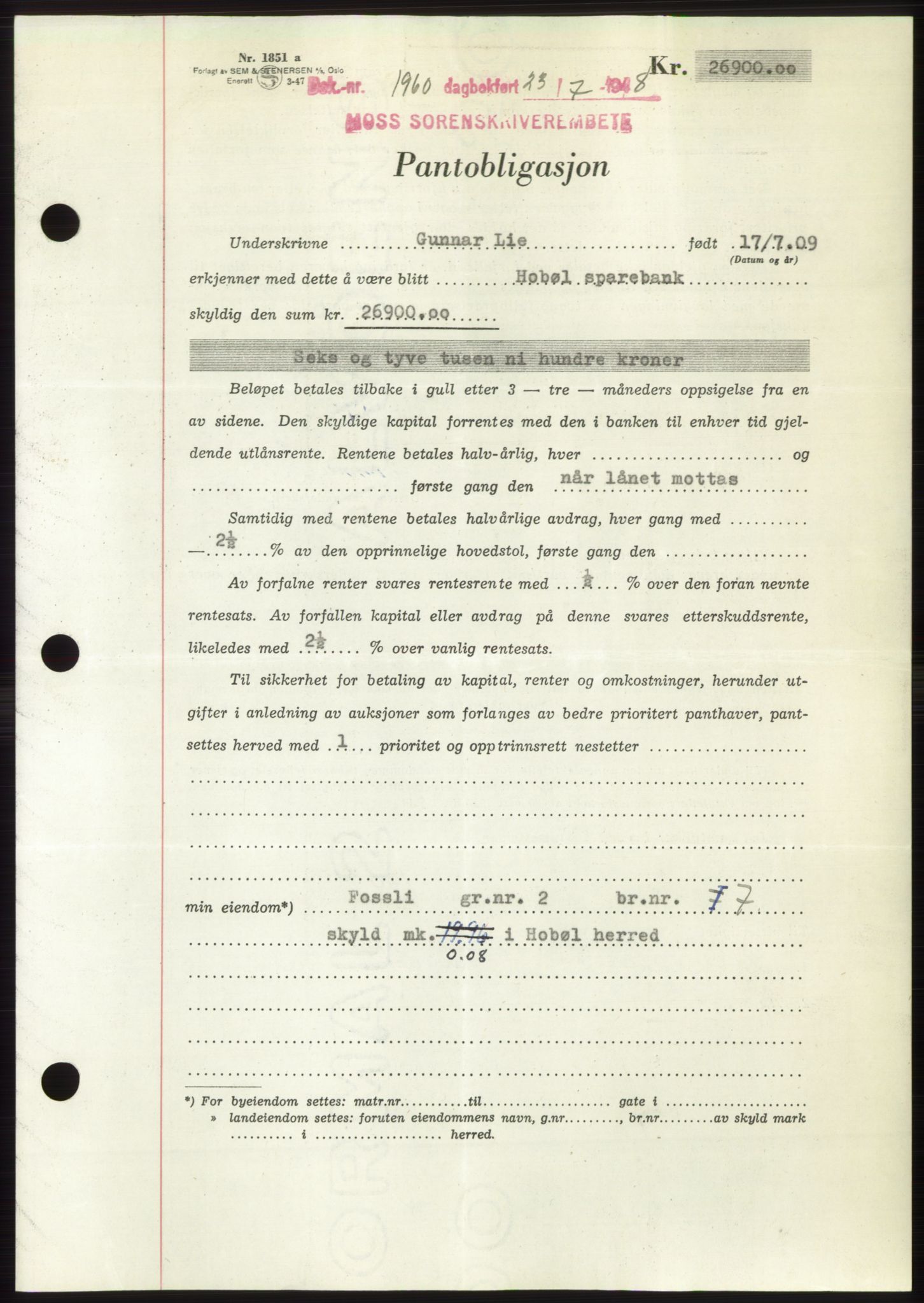 Moss sorenskriveri, AV/SAO-A-10168: Mortgage book no. B20, 1948-1948, Diary no: : 1960/1948